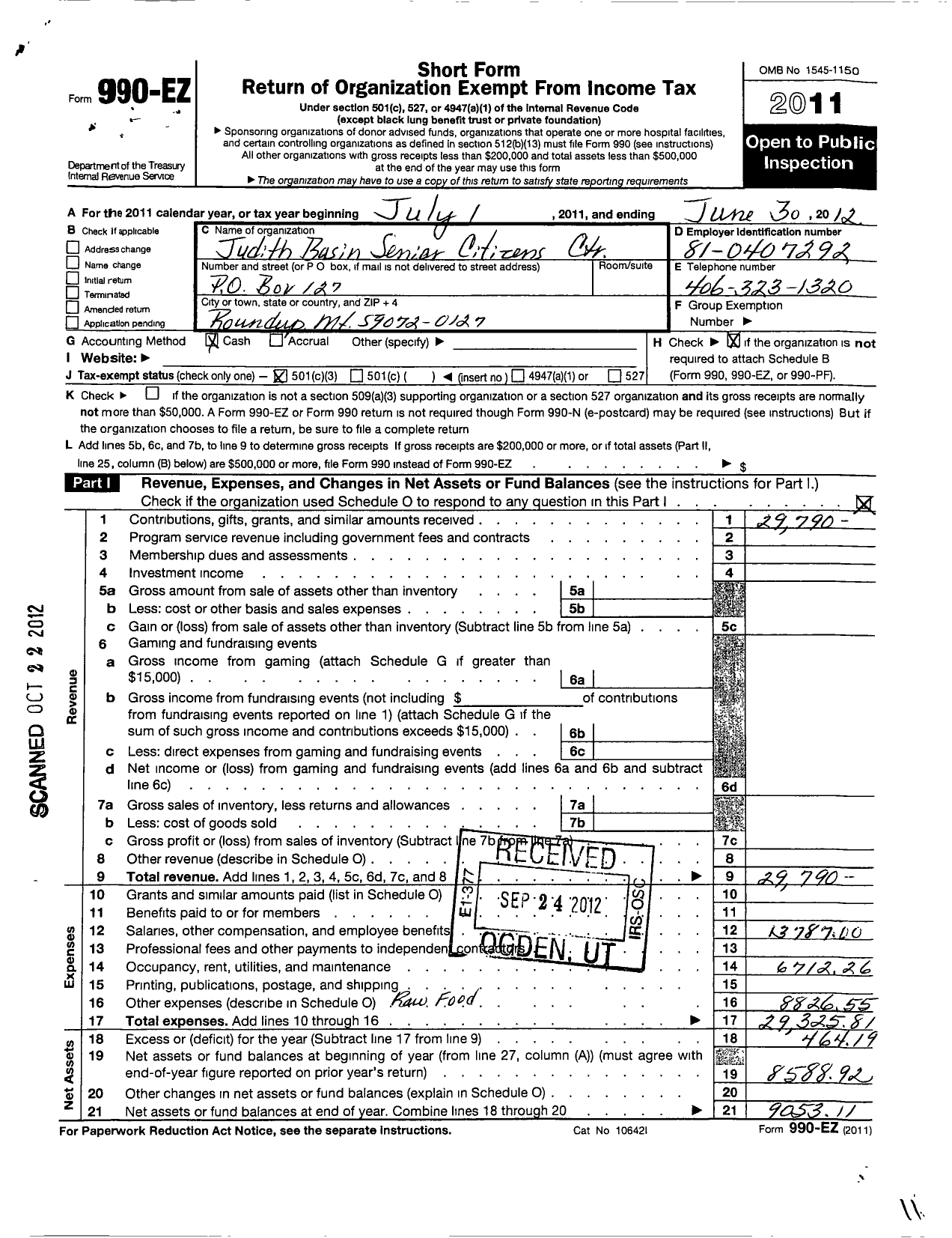 Image of first page of 2011 Form 990EZ for Judith Basin Senior Citizens Center