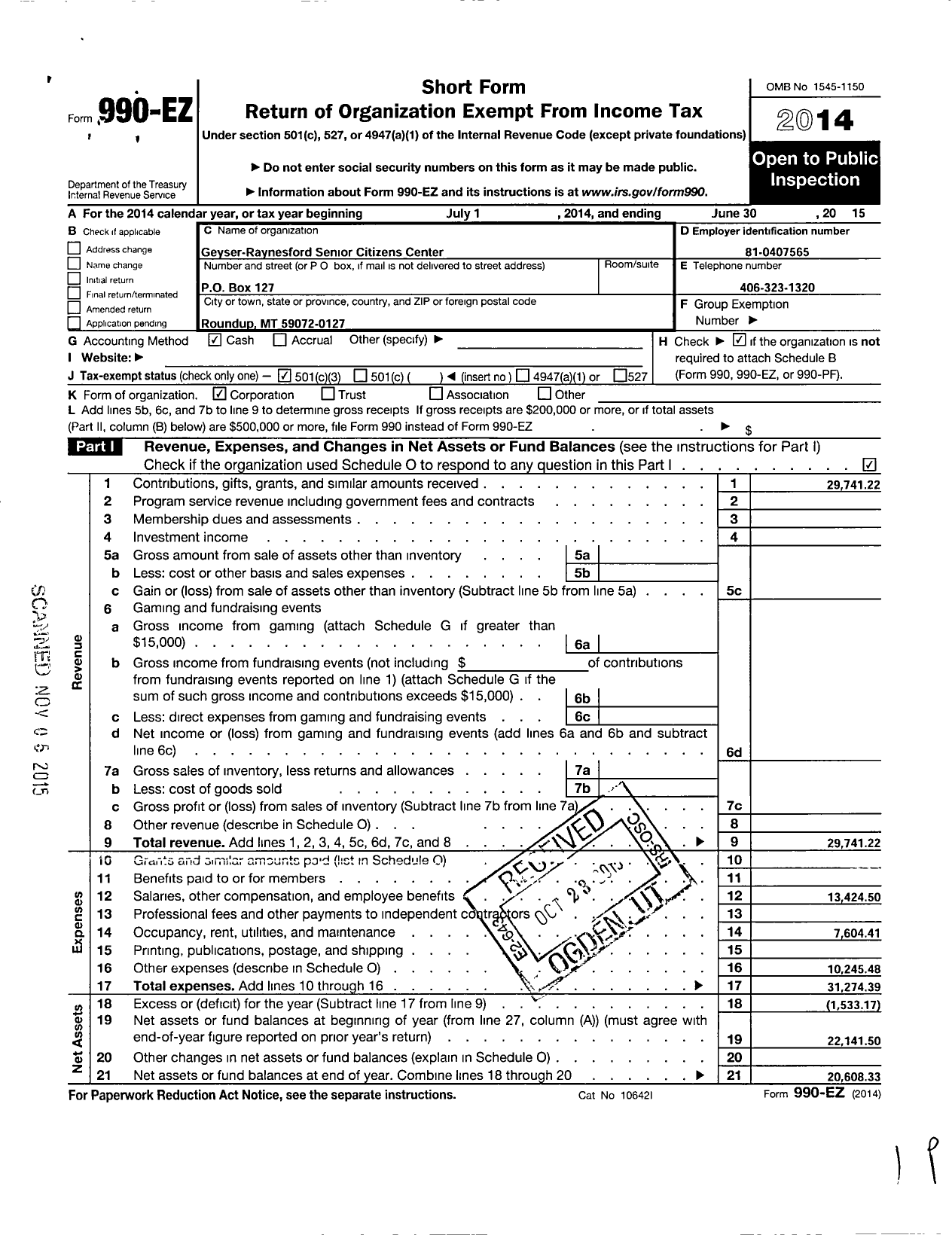 Image of first page of 2014 Form 990EZ for Geyser Raynesford Senior Citizen