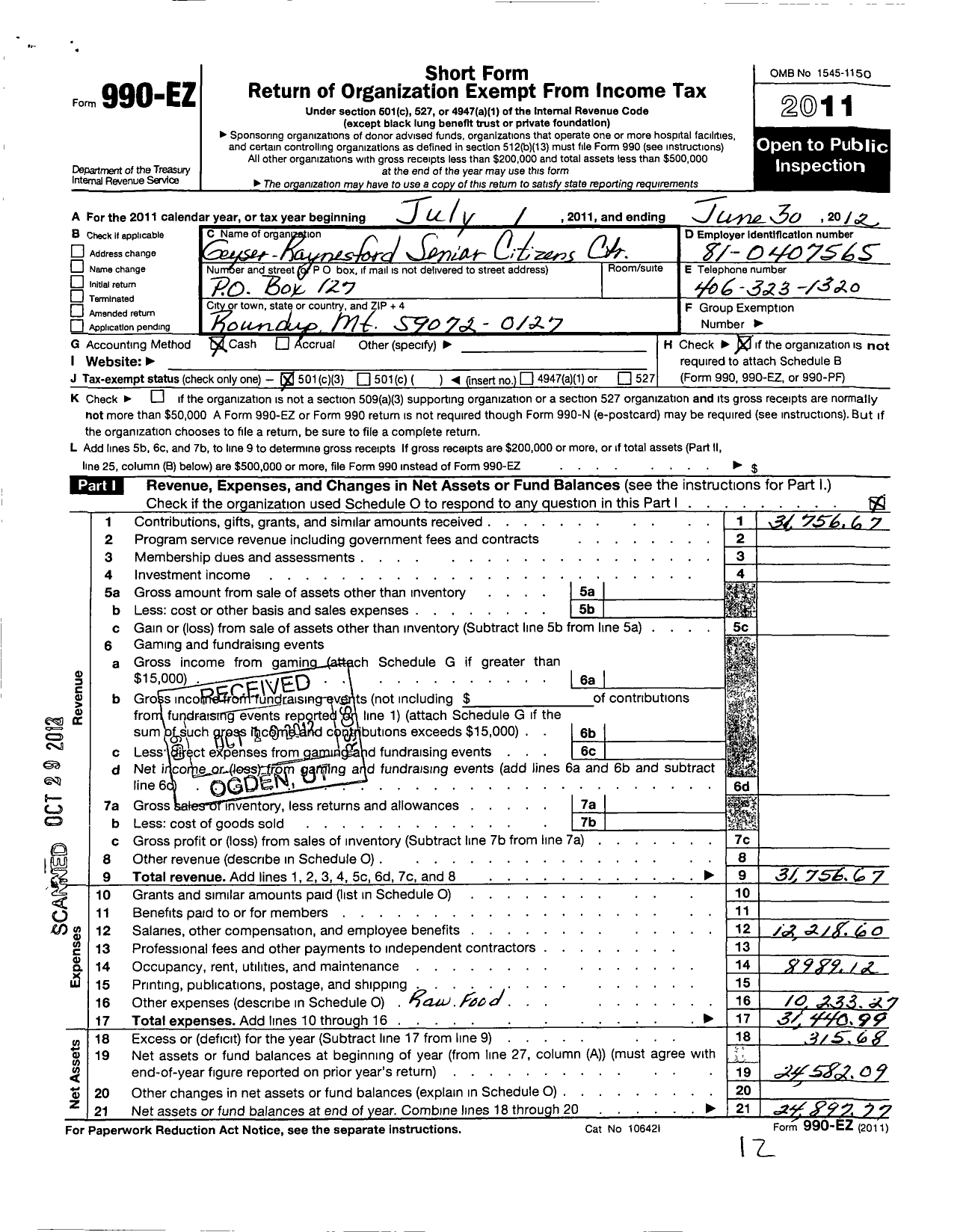 Image of first page of 2011 Form 990EZ for Geyser Raynesford Senior Citizen