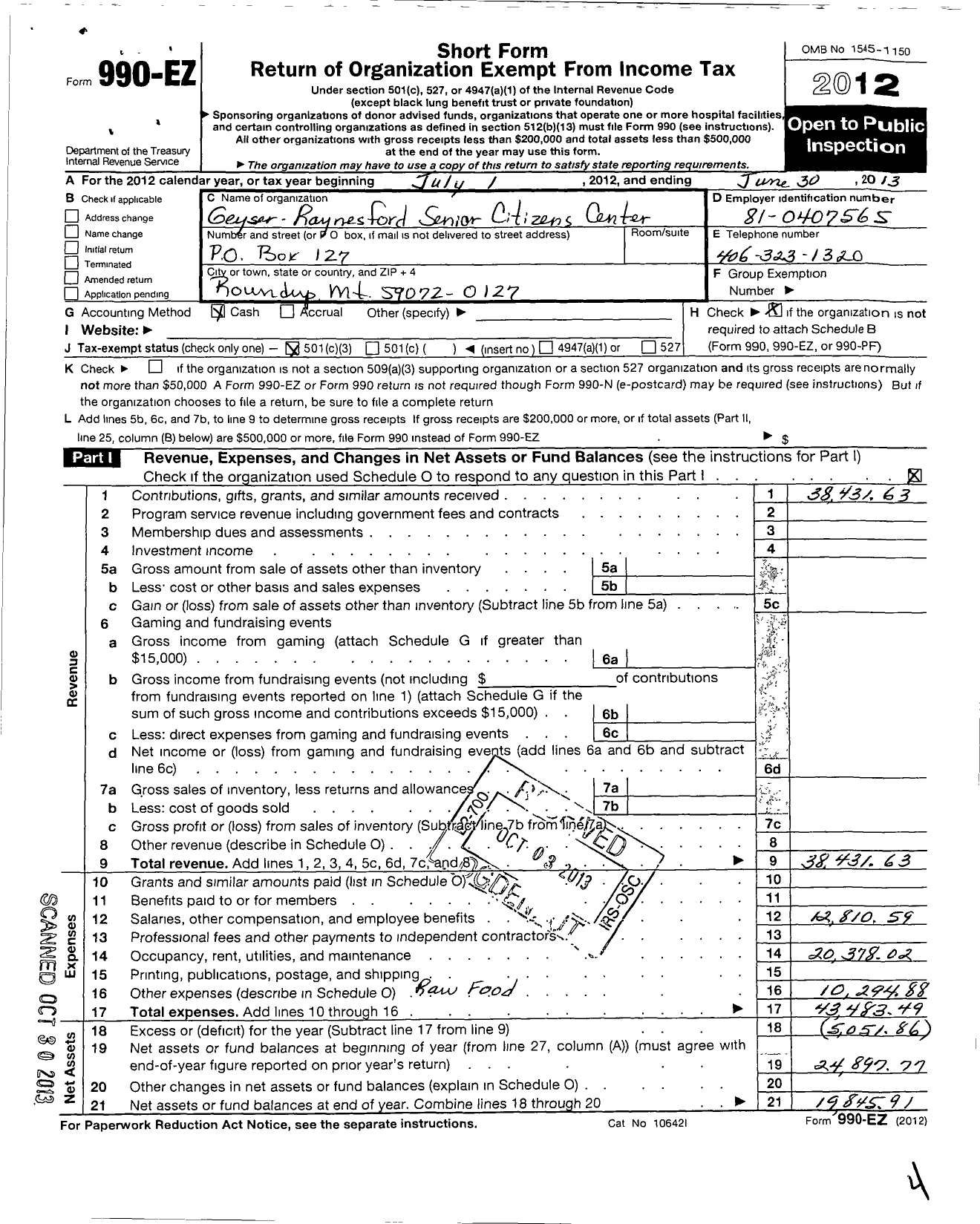 Image of first page of 2012 Form 990EZ for Geyser Raynesford Senior Citizen