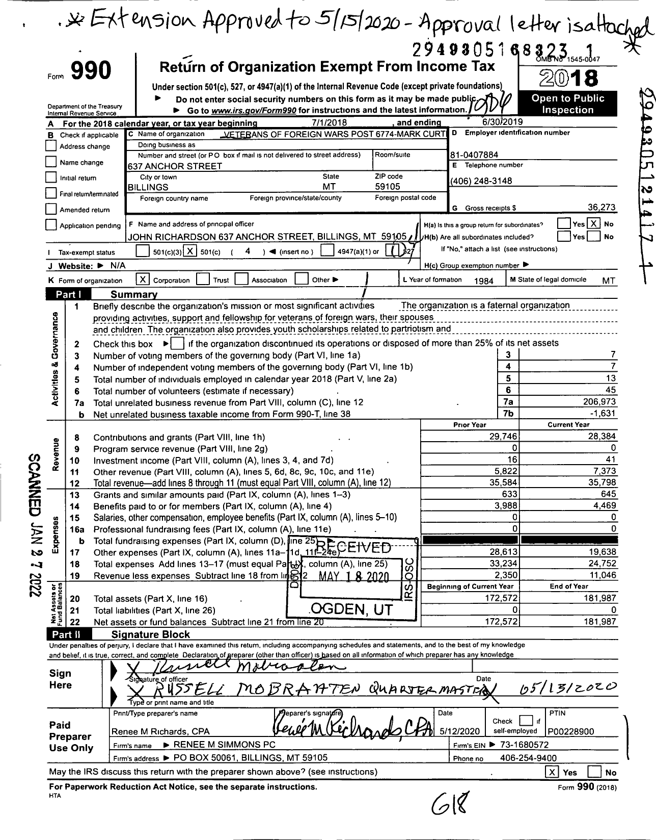 Image of first page of 2018 Form 990O for Veterans of Foreign Wars of the United States Post 6774 - 6774 Mark Curtiss Post VFW-MT