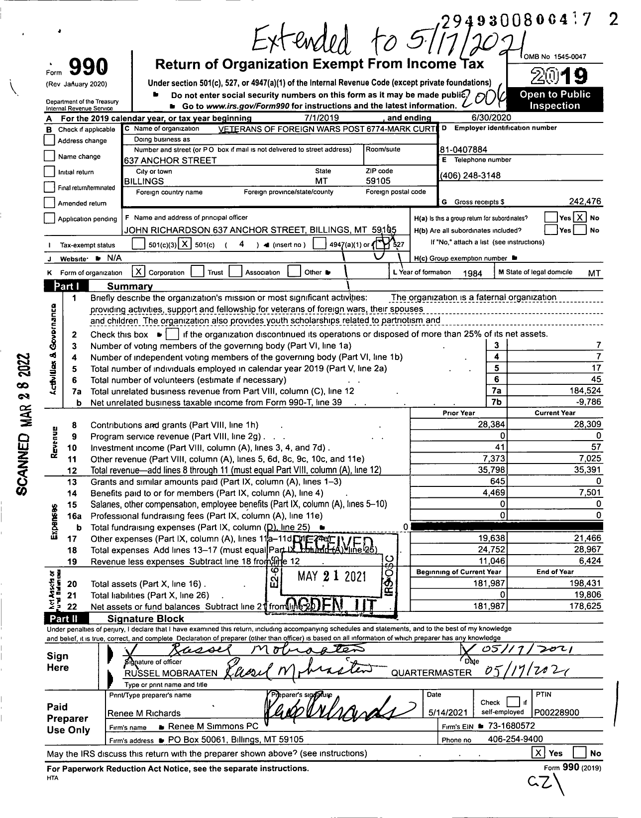 Image of first page of 2019 Form 990O for Veterans of Foreign Wars of the United States Post 6774 - 6774 Mark Curtiss Post VFW-MT