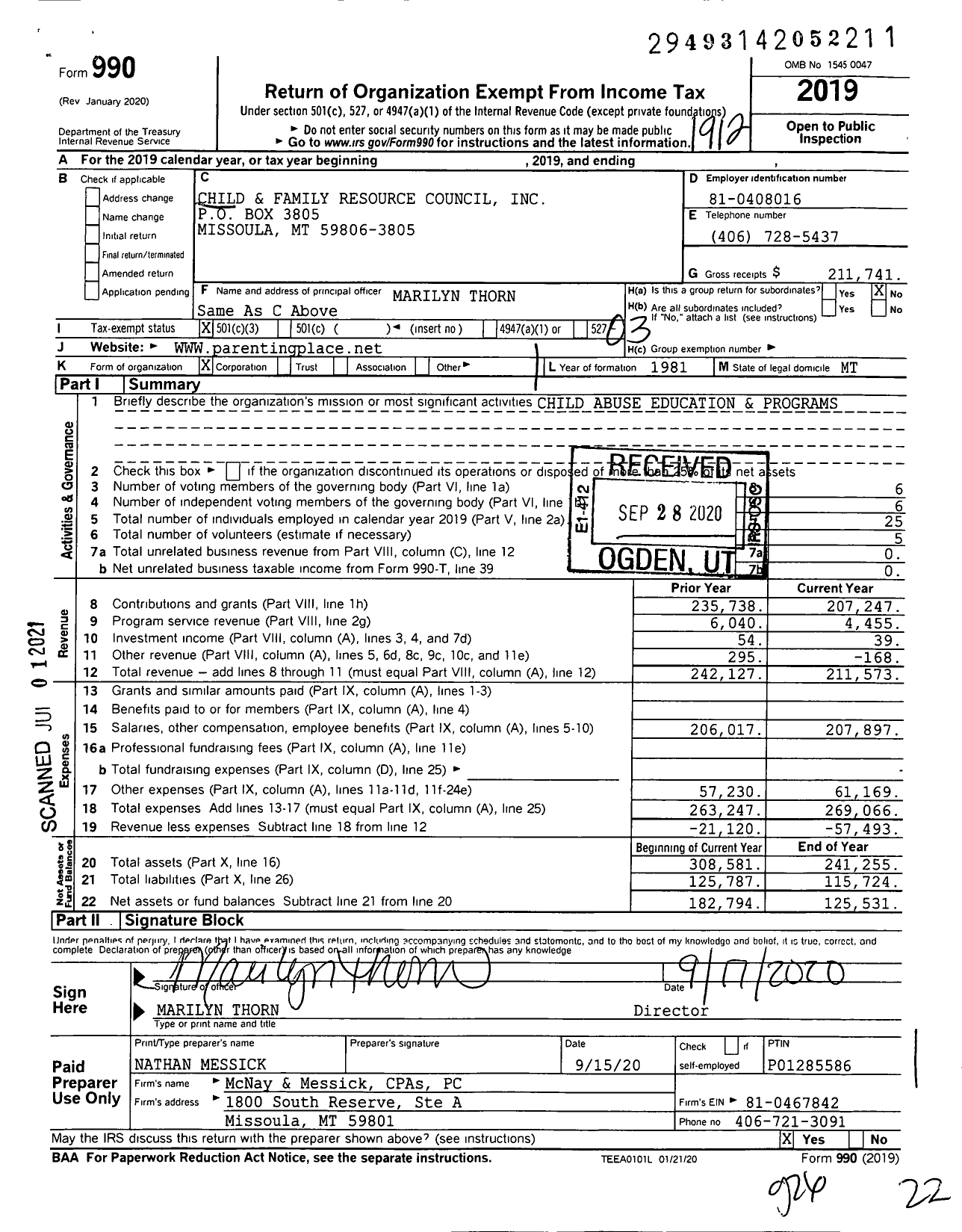 Image of first page of 2019 Form 990 for Child and Family Resource Council