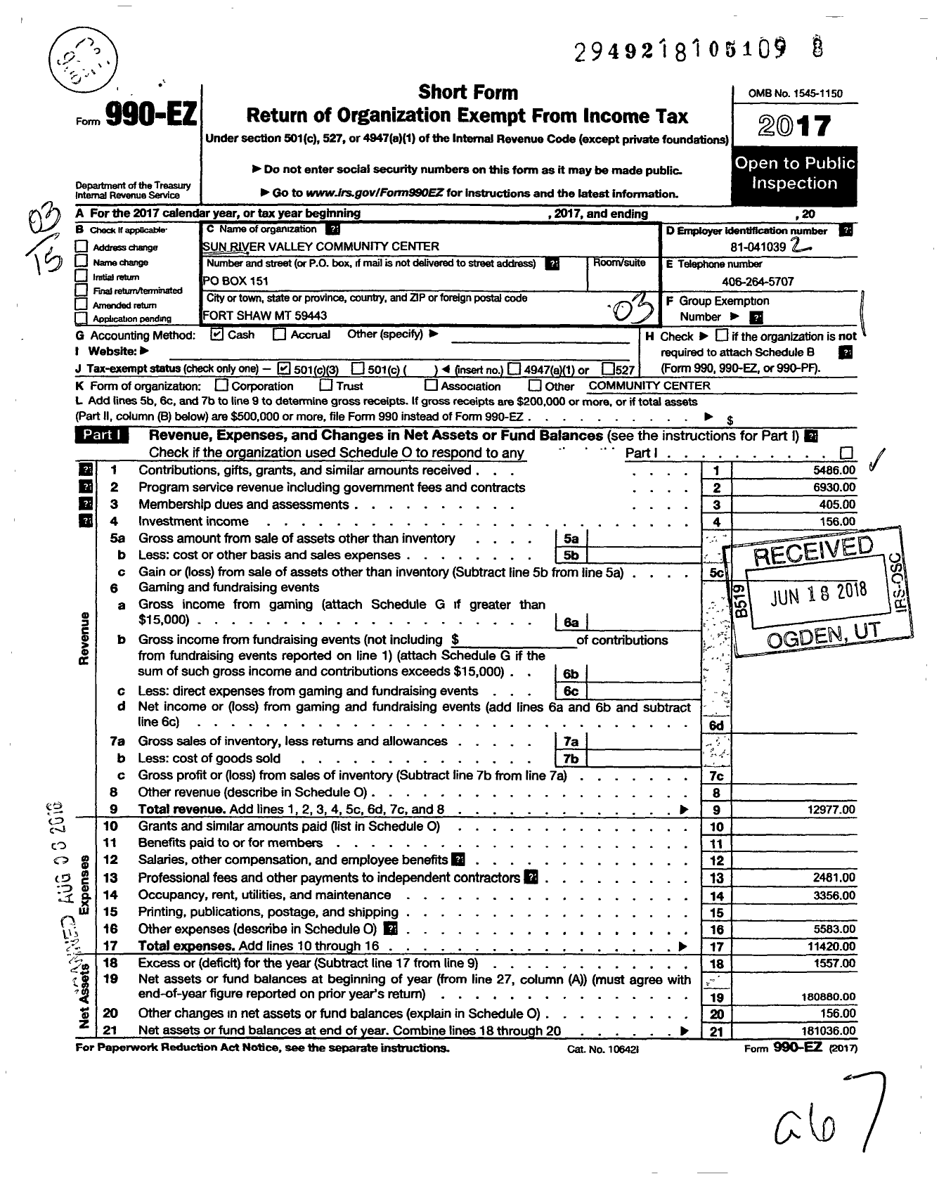 Image of first page of 2017 Form 990EZ for Sun River Valley Senior Citizens