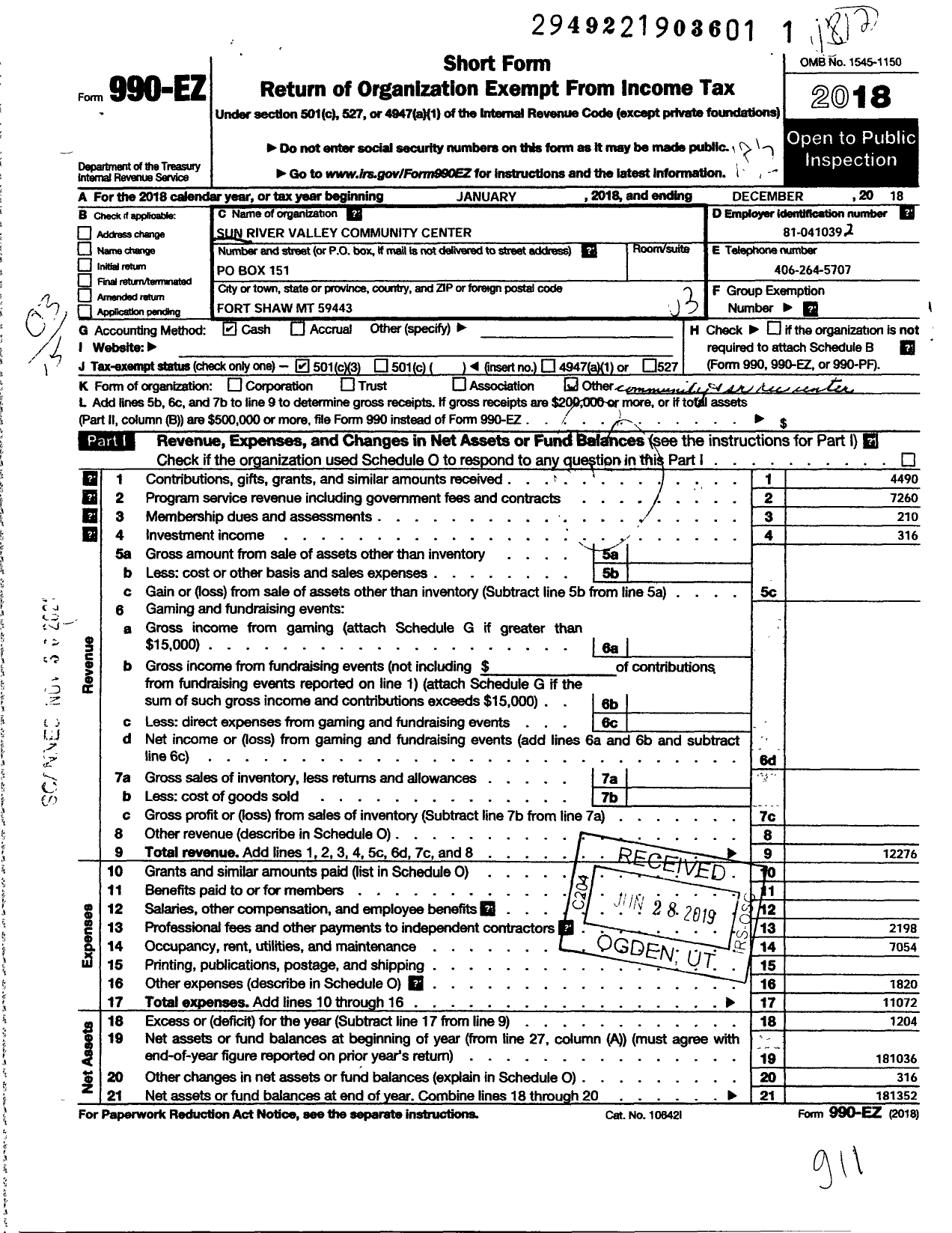 Image of first page of 2018 Form 990EZ for Sun River Valley Senior Citizens