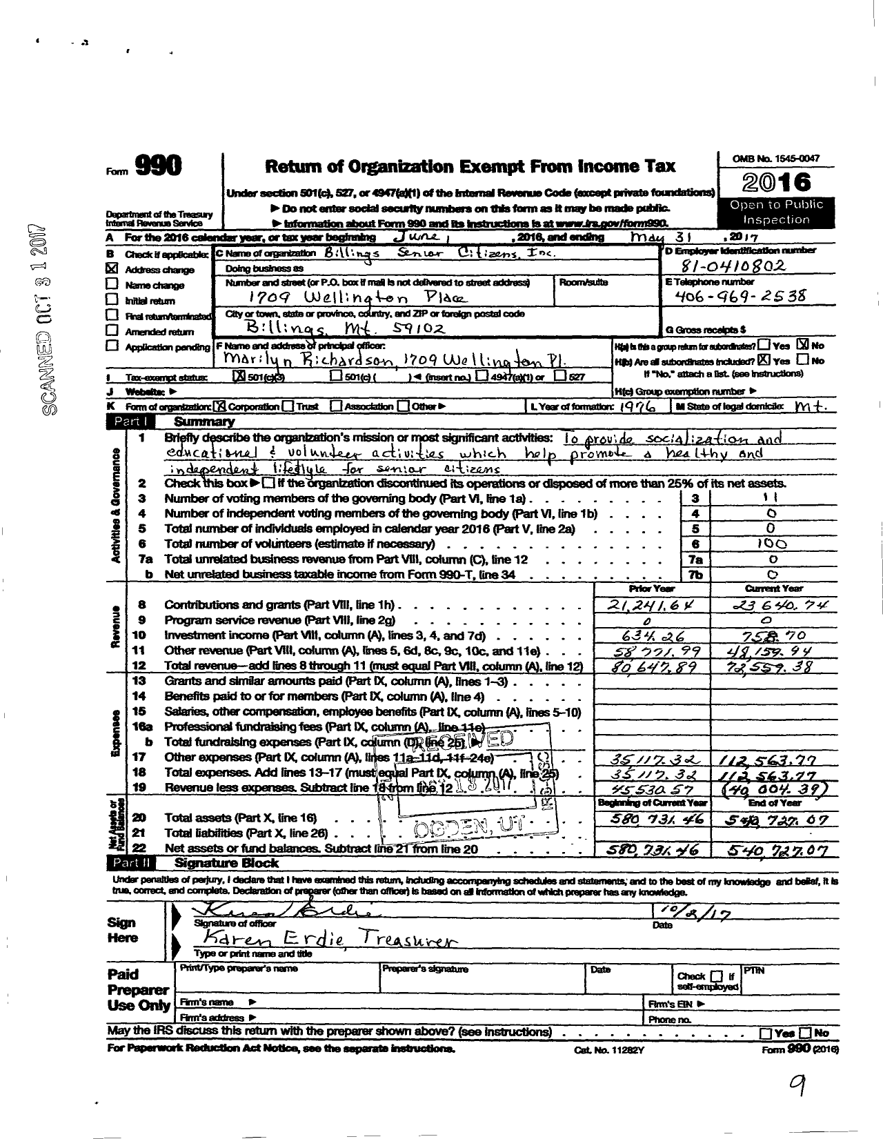 Image of first page of 2016 Form 990 for The Billings Senior Citizens