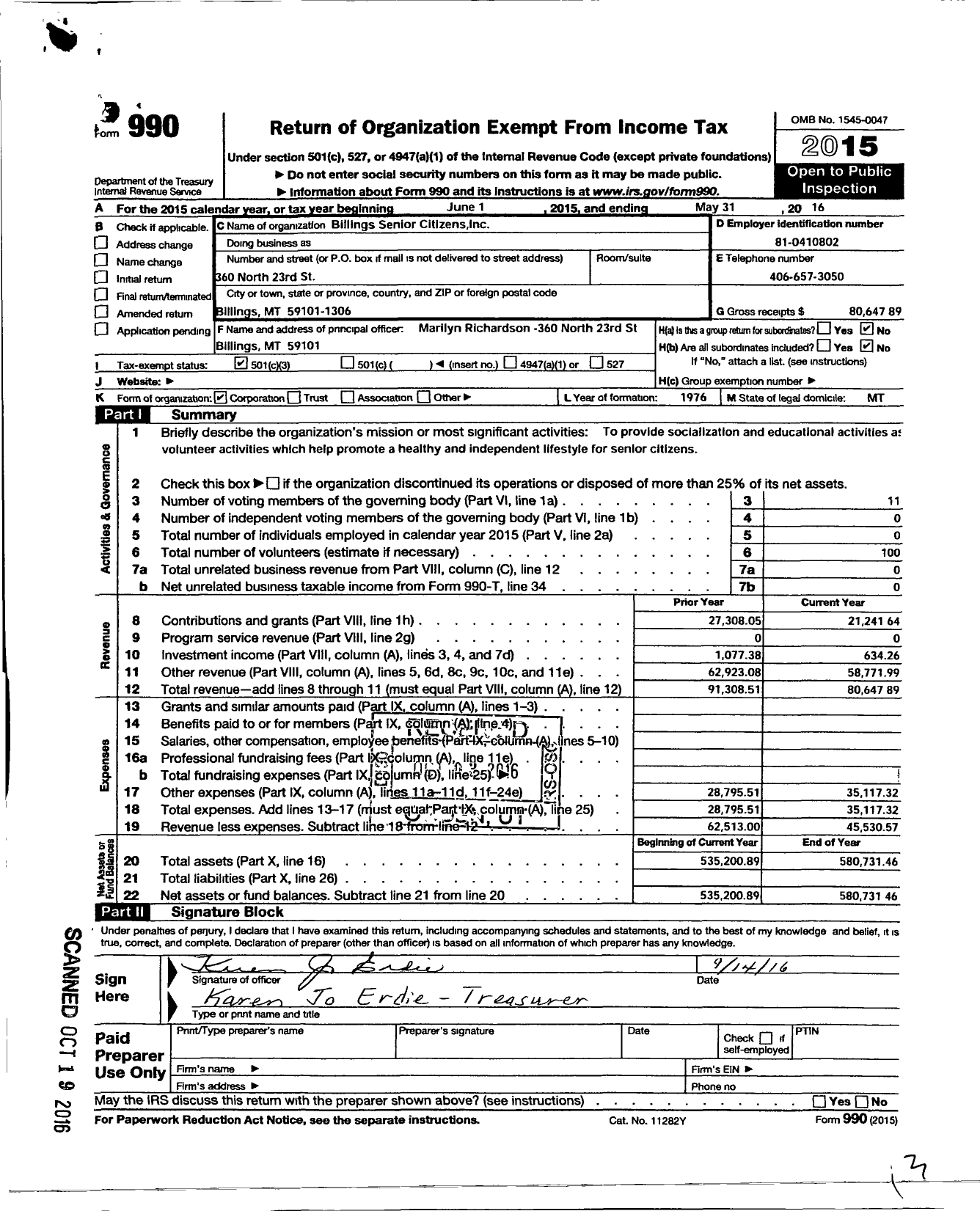 Image of first page of 2015 Form 990 for The Billings Senior Citizens