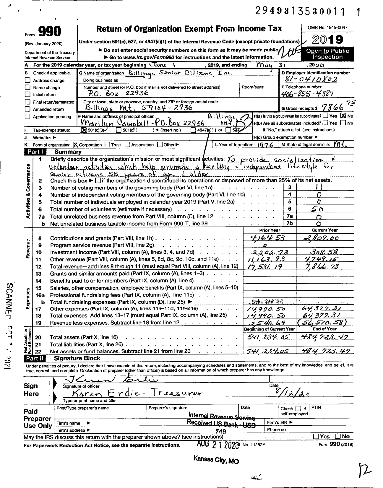 Image of first page of 2019 Form 990 for The Billings Senior Citizens