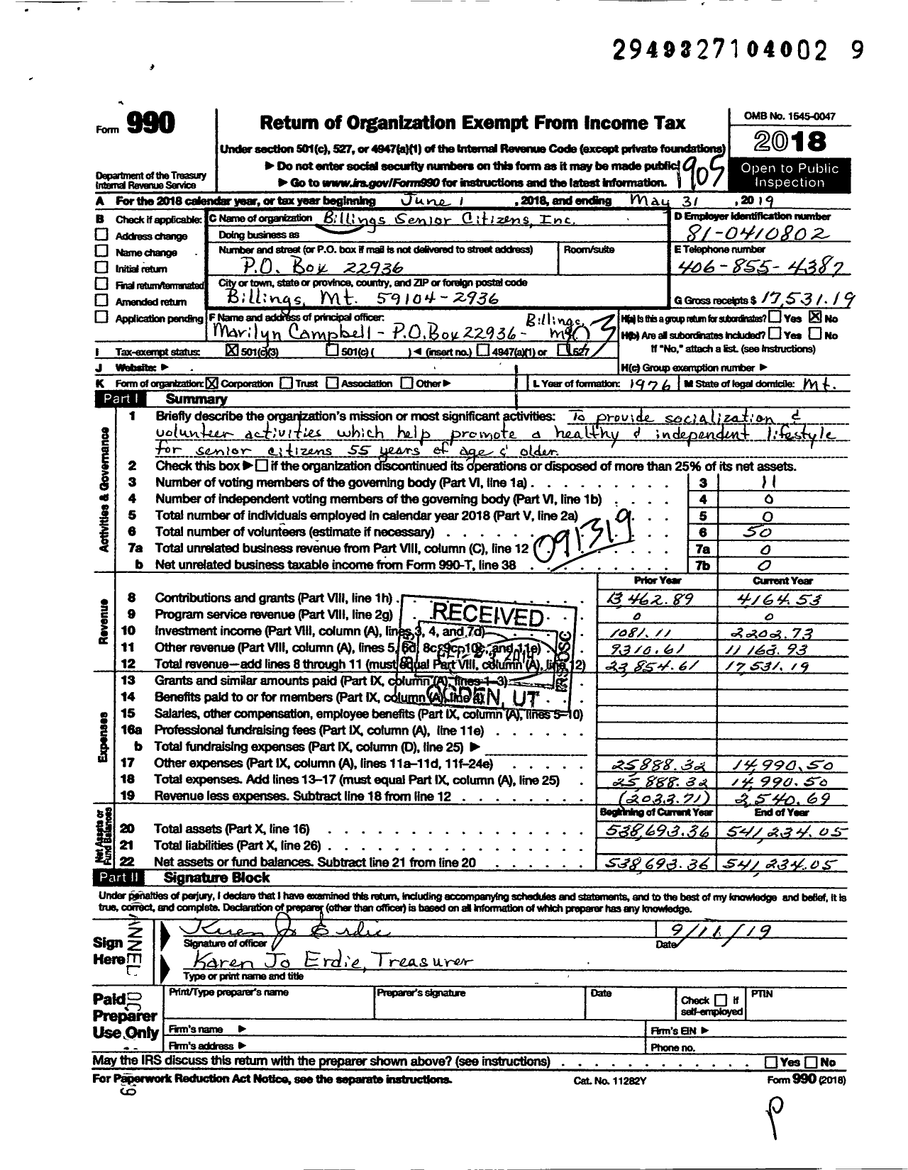 Image of first page of 2018 Form 990 for The Billings Senior Citizens