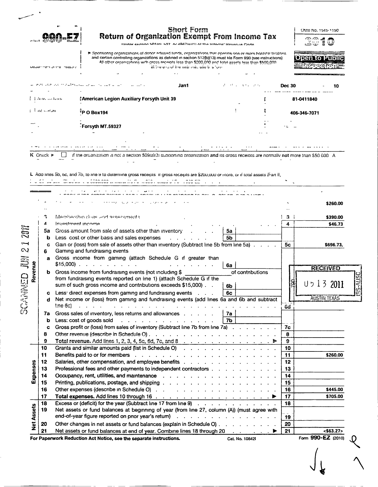 Image of first page of 2010 Form 990EO for American Legion Auxiliary - 39 Post