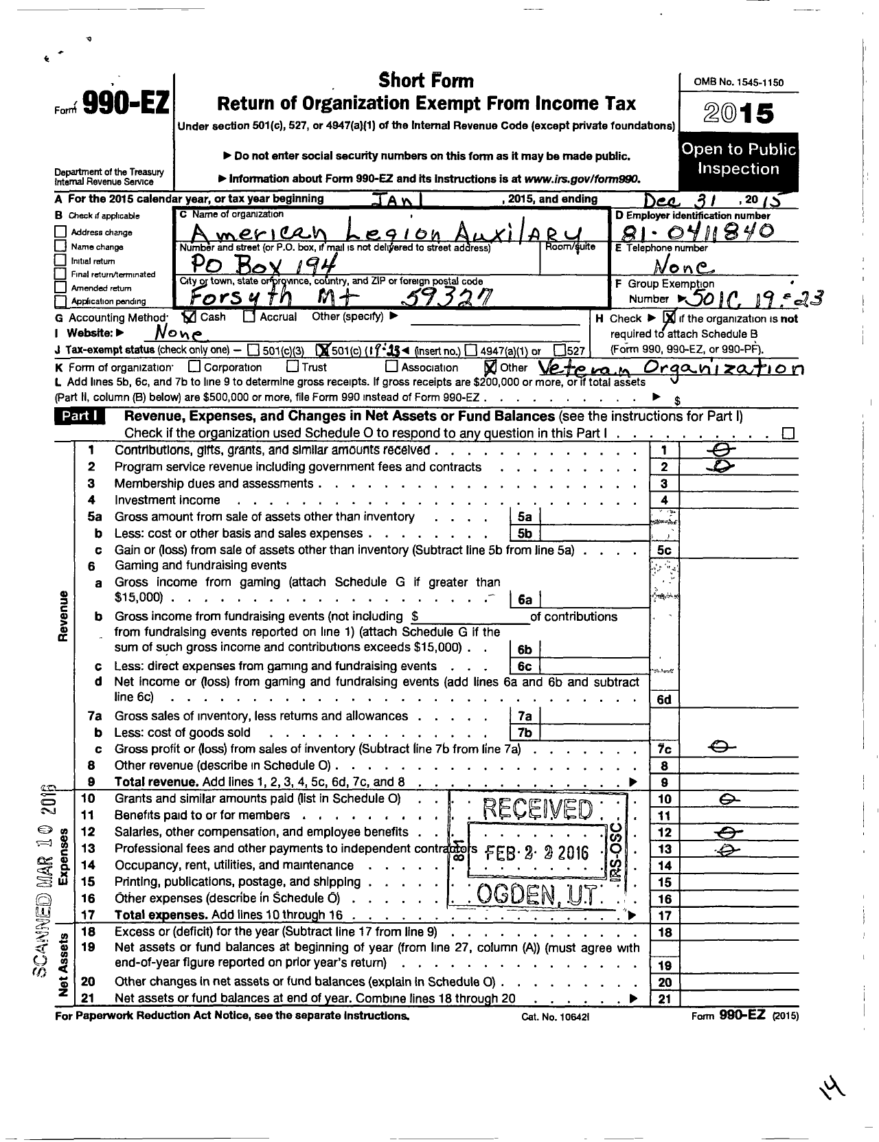 Image of first page of 2015 Form 990EO for American Legion Auxiliary - 39 Post