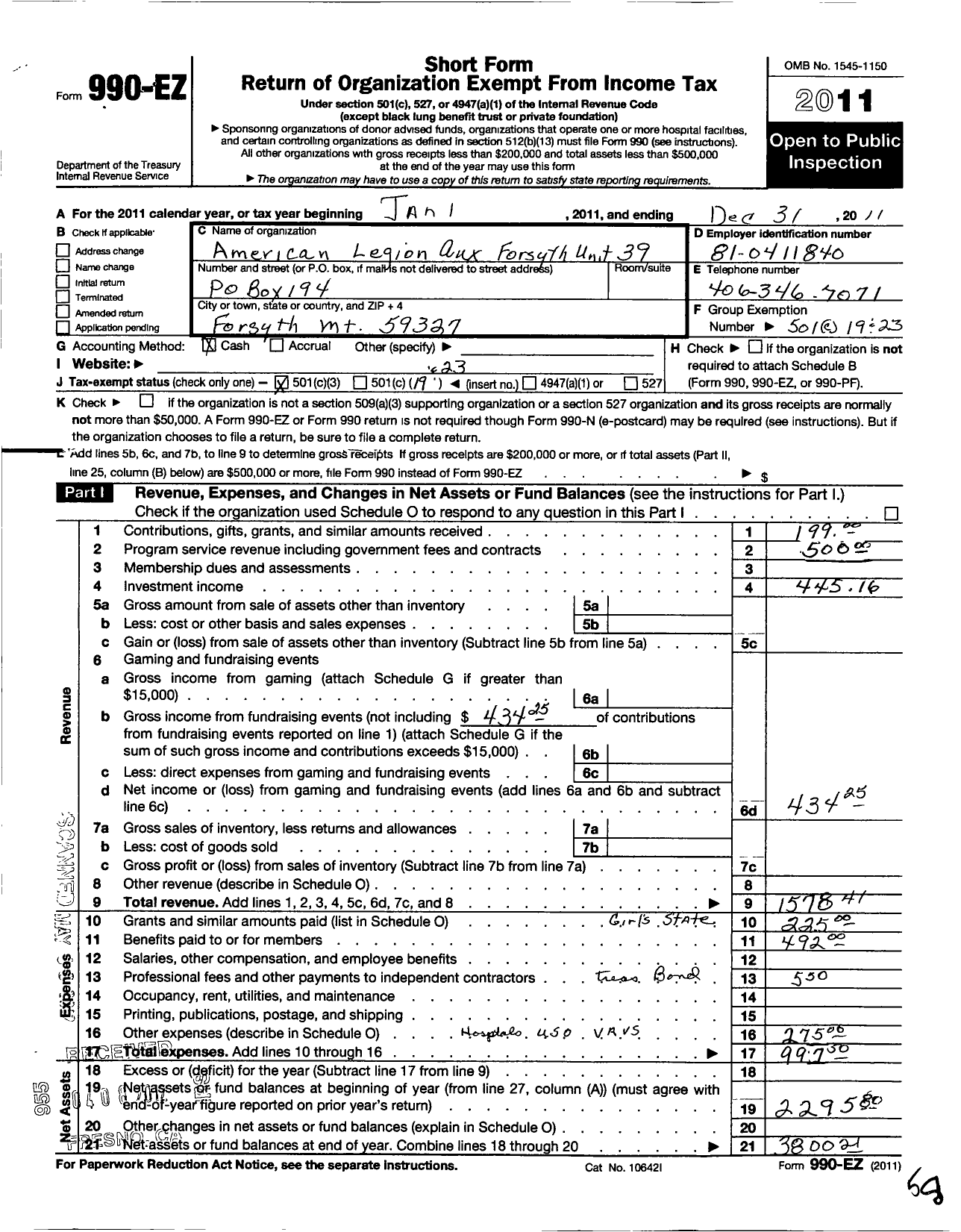 Image of first page of 2011 Form 990EO for American Legion Auxiliary - 39 Post
