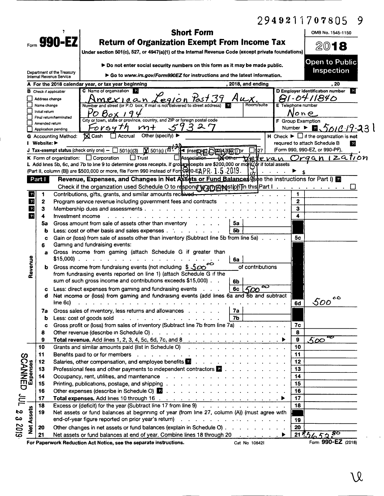 Image of first page of 2018 Form 990EO for American Legion Auxiliary - 39 Post
