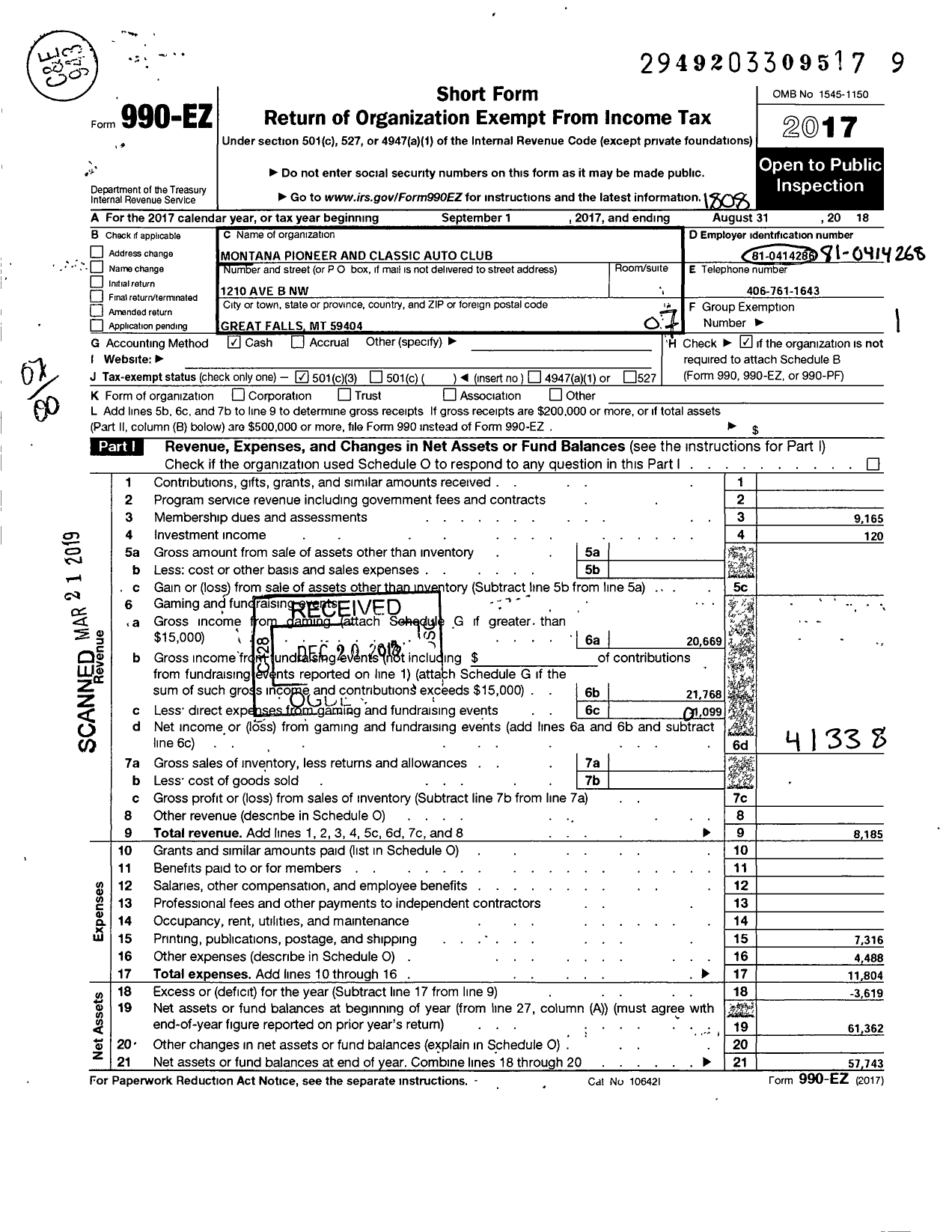 Image of first page of 2017 Form 990EO for Montana Pioneer and Classic Auto Club