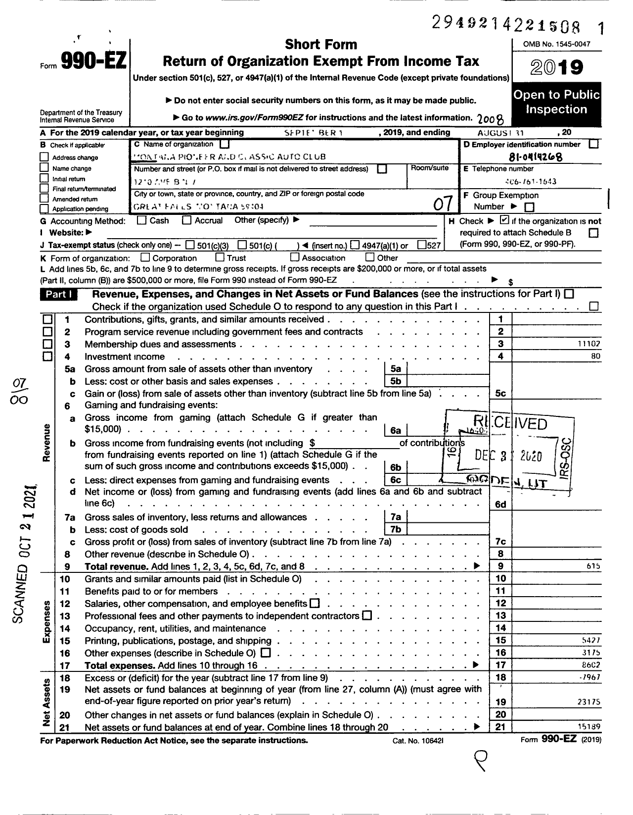 Image of first page of 2019 Form 990EO for Montana Pioneer and Classic Auto Club