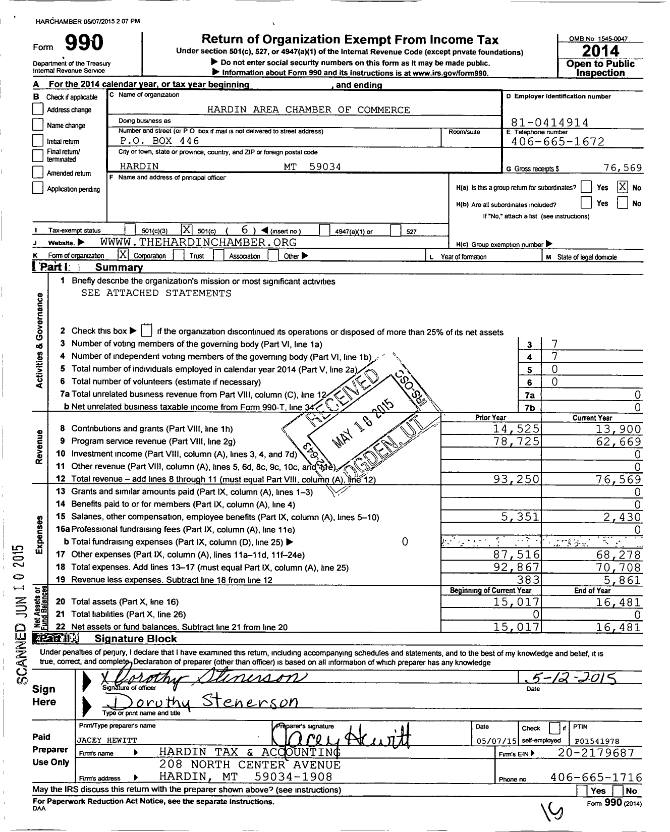 Image of first page of 2014 Form 990O for Hardin Area Chamber of Commerce and Agriculture