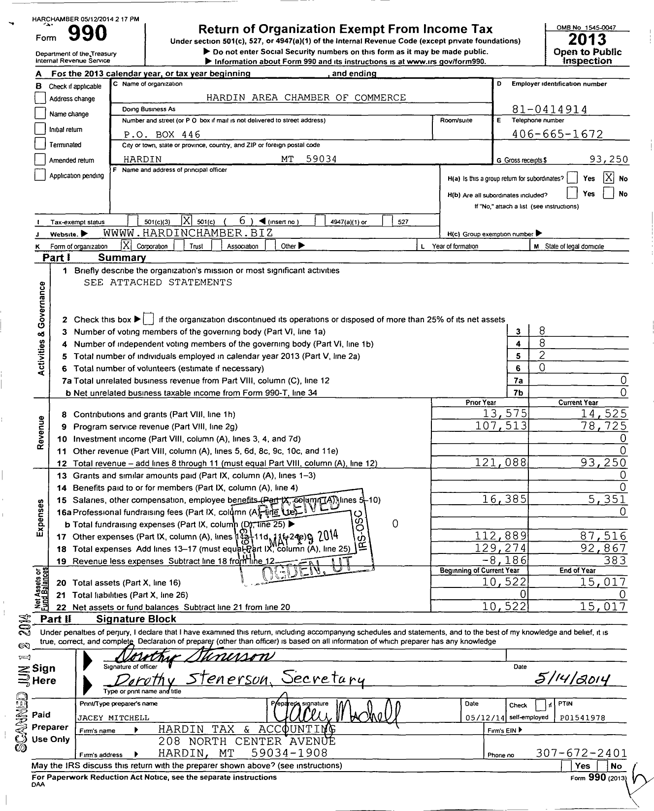 Image of first page of 2013 Form 990O for Hardin Area Chamber of Commerce and Agriculture