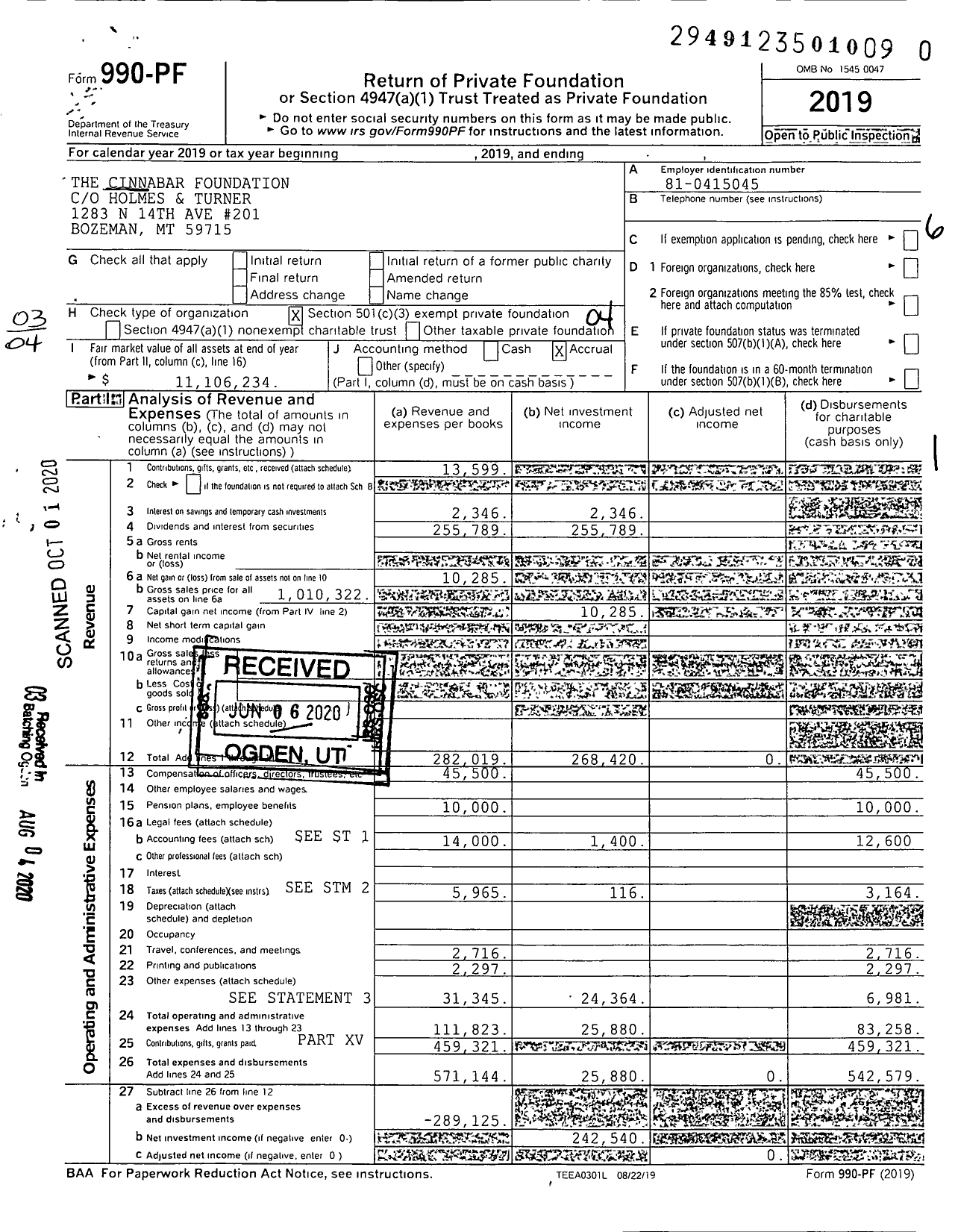 Image of first page of 2019 Form 990PR for The Cinnabar Foundation