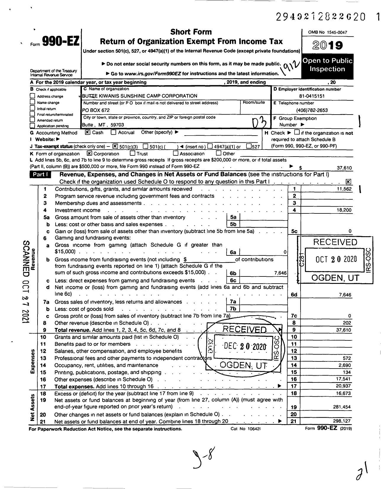 Image of first page of 2019 Form 990EZ for Butte Kiwanis Sunshine Camp Corporation