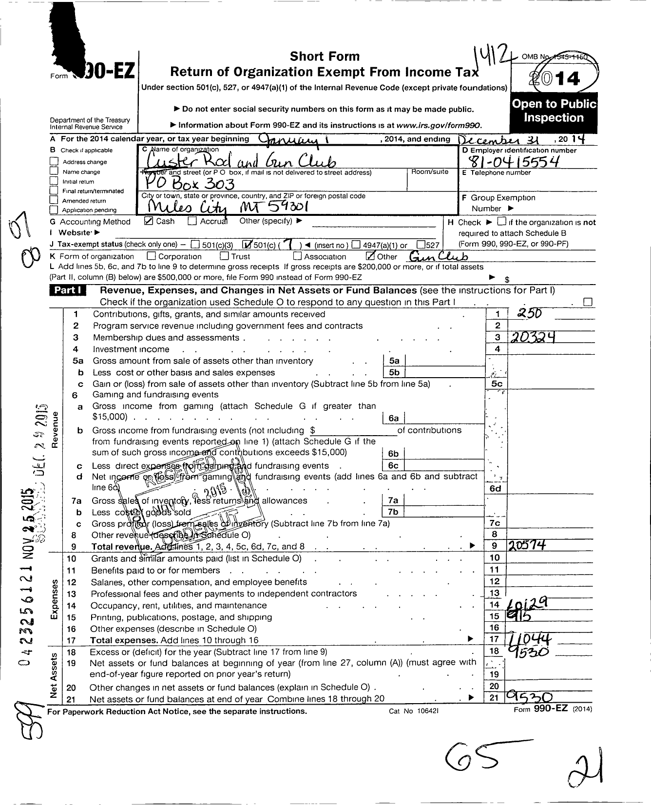 Image of first page of 2014 Form 990EO for Custer Rod and Gun Club