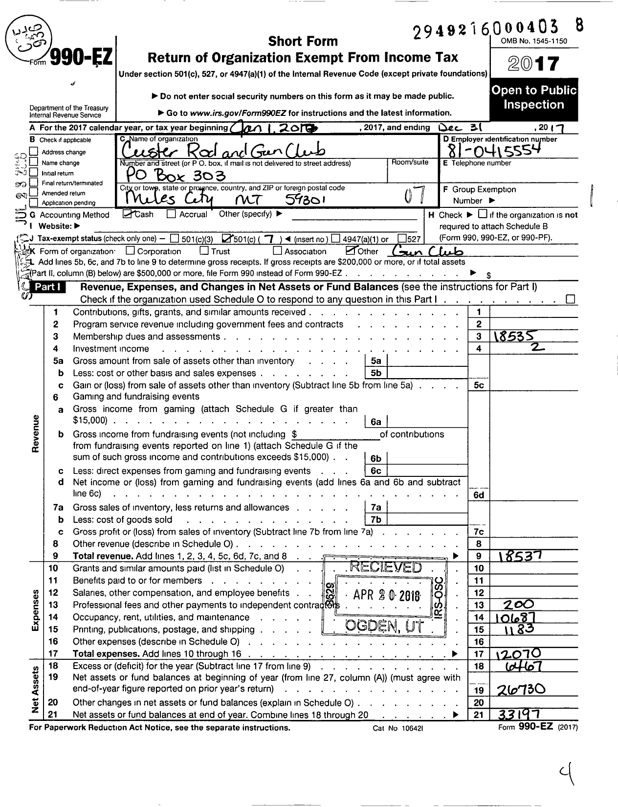 Image of first page of 2017 Form 990EO for Custer Rod and Gun Club