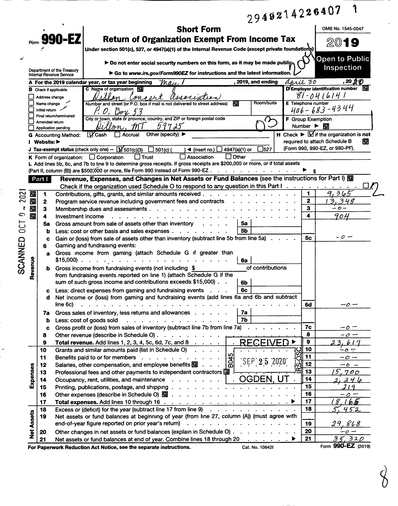 Image of first page of 2019 Form 990EZ for Dillon Concert Association