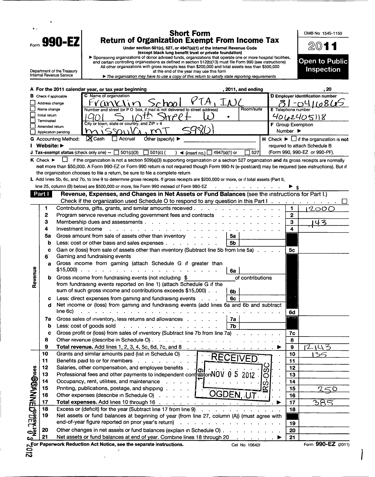 Image of first page of 2011 Form 990EO for Montana Congress of Parents Teachers Students - 5574 Franklin PTA