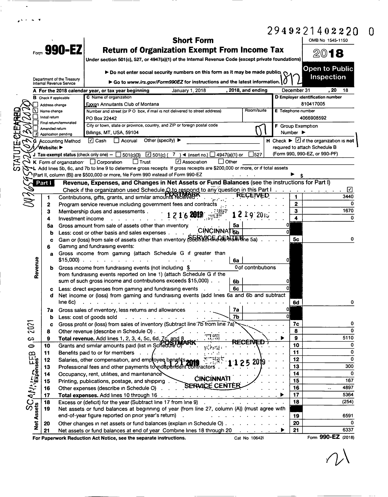 Image of first page of 2018 Form 990EO for Exxon Annuitants Club of Montana