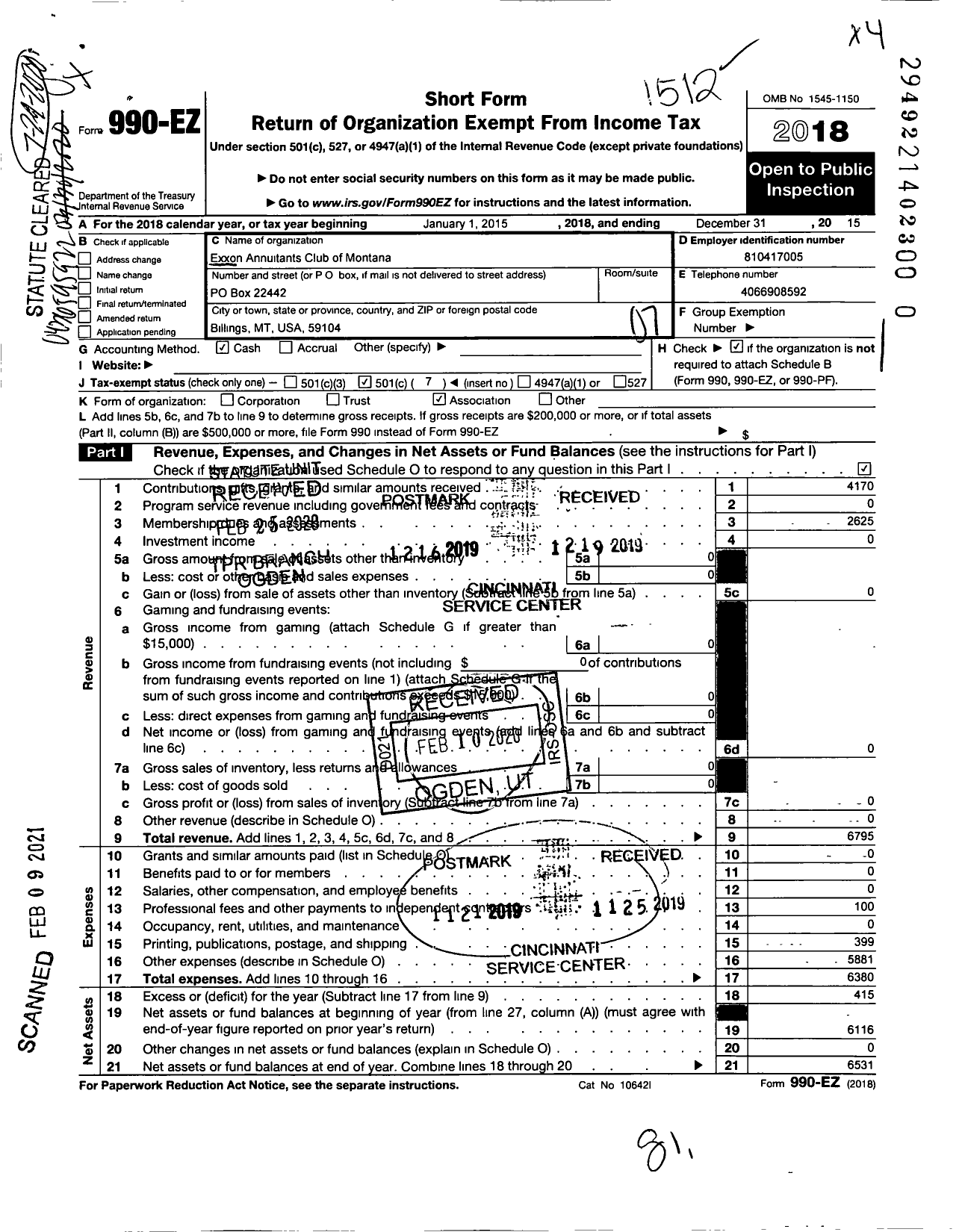 Image of first page of 2015 Form 990EO for Exxon Annuitants Club of Montana