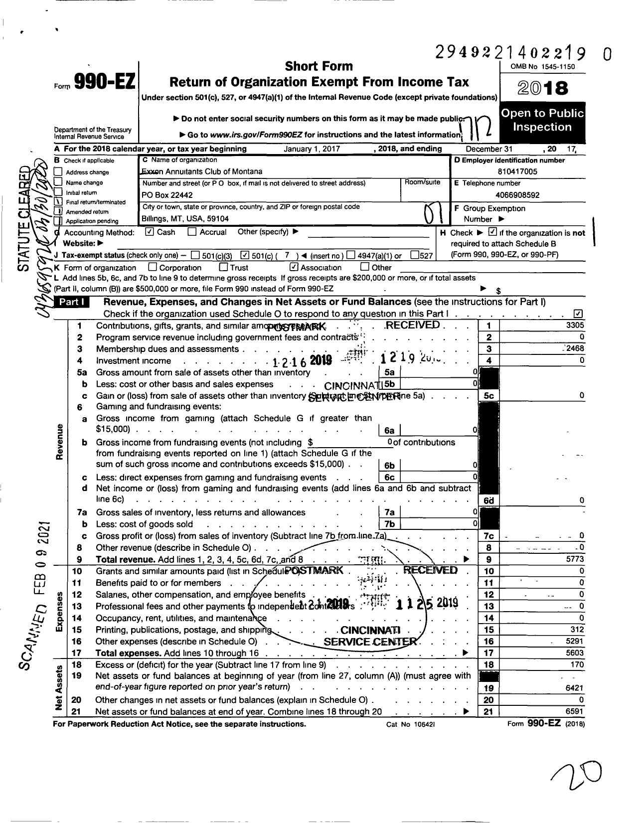 Image of first page of 2017 Form 990EO for Exxon Annuitants Club of Montana