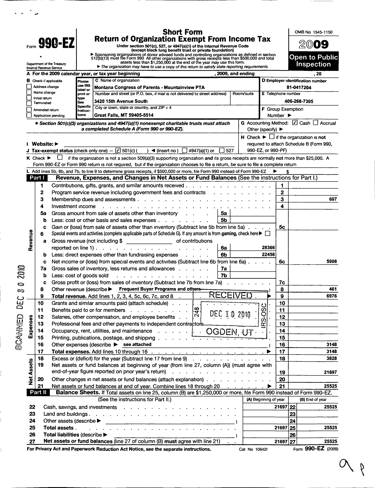 Image of first page of 2009 Form 990EO for Montana Congress of Parents Teachers Students / Mountain View PTA