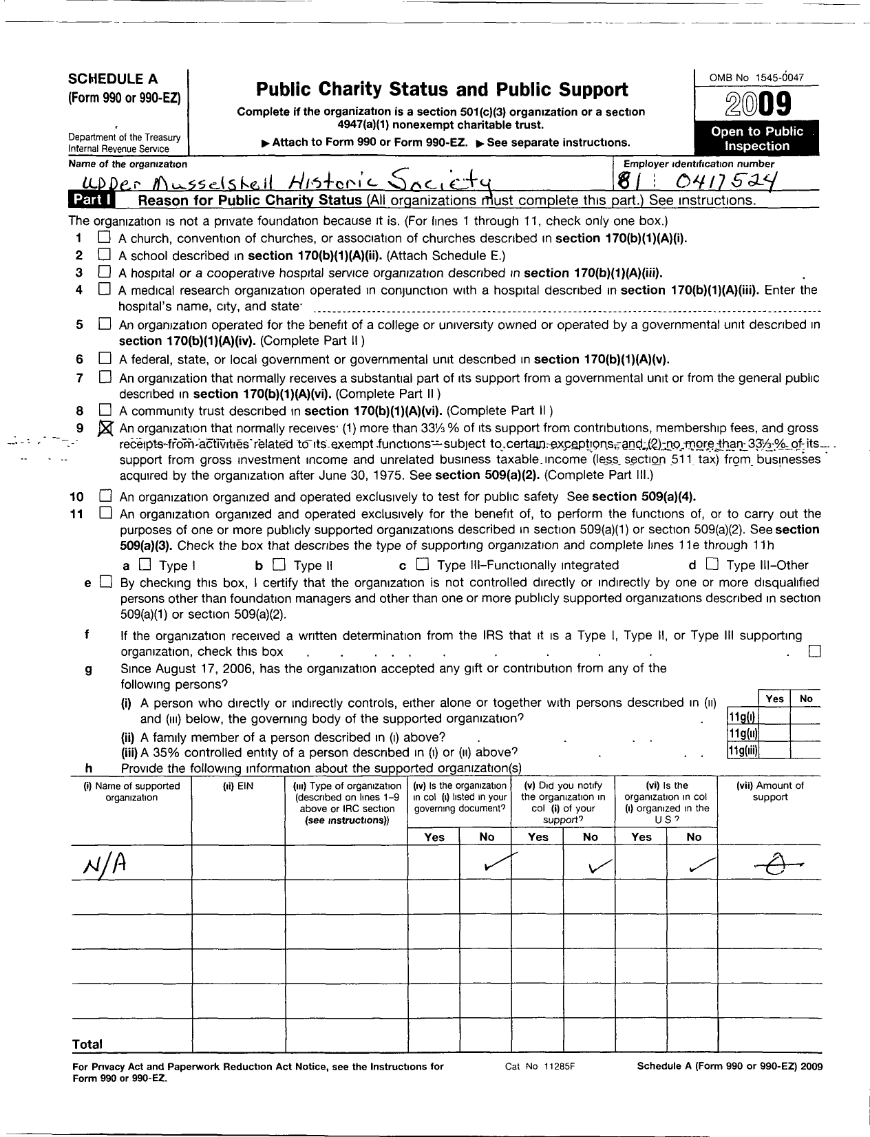 Image of first page of 2009 Form 990ER for Upper Musselshell Historic Society