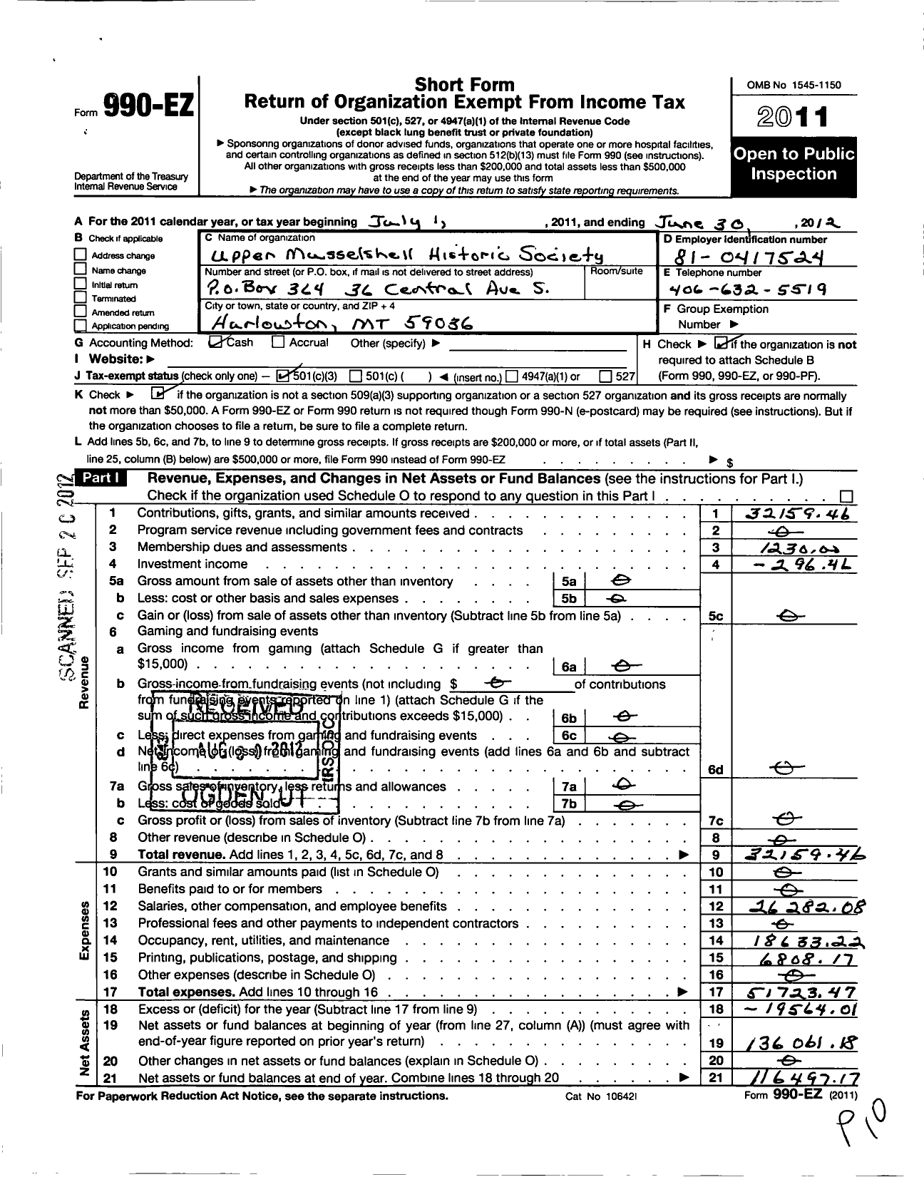 Image of first page of 2011 Form 990EZ for Upper Musselshell Historic Society