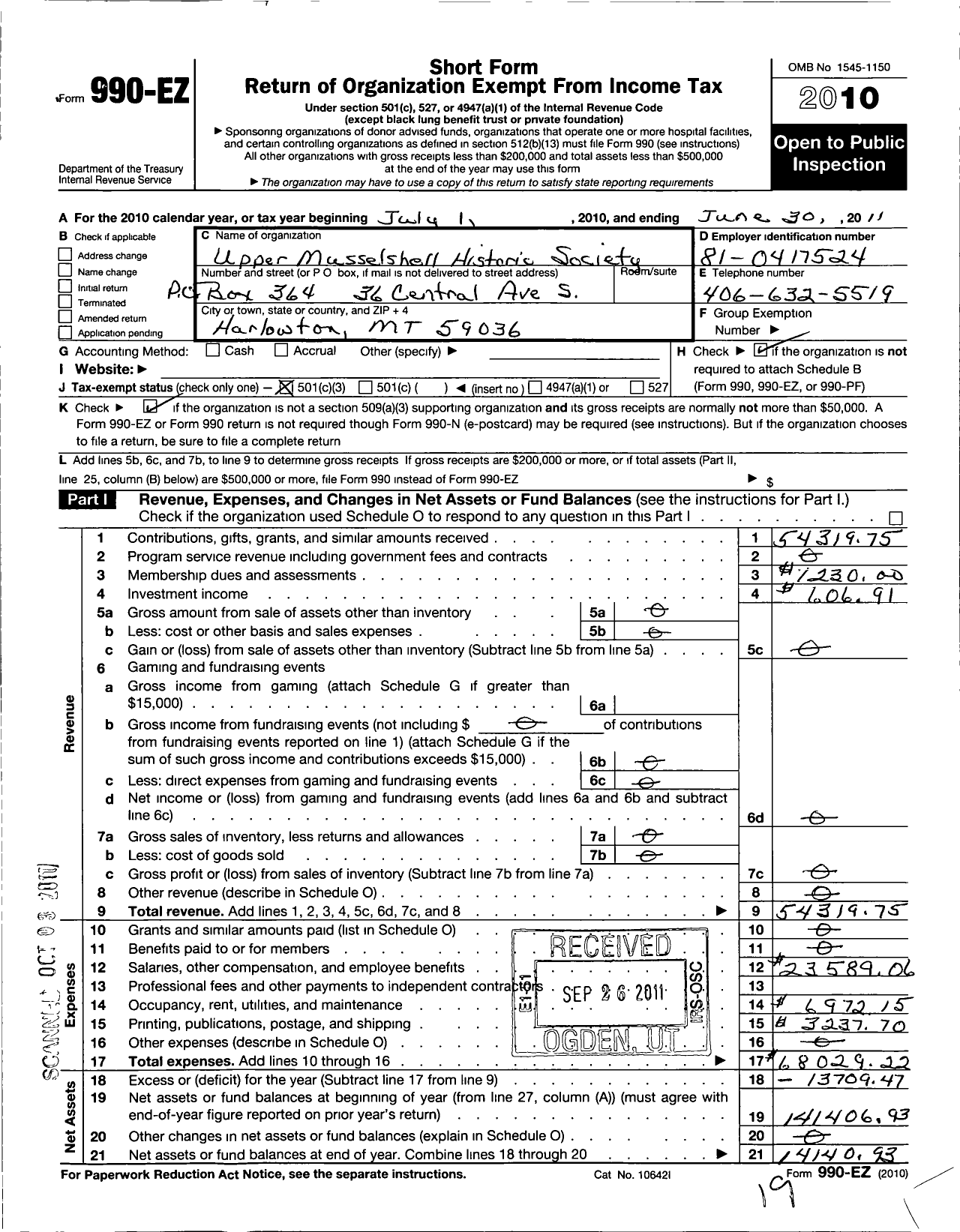 Image of first page of 2010 Form 990EZ for Upper Musselshell Historic Society