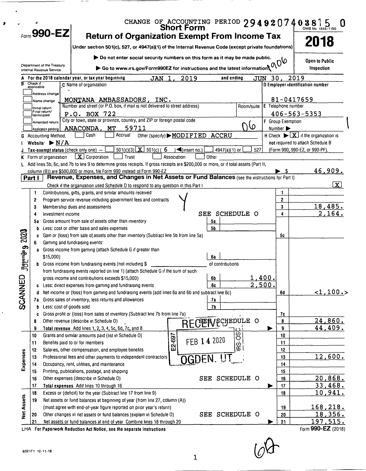 Image of first page of 2018 Form 990EO for Montana Ambassadors