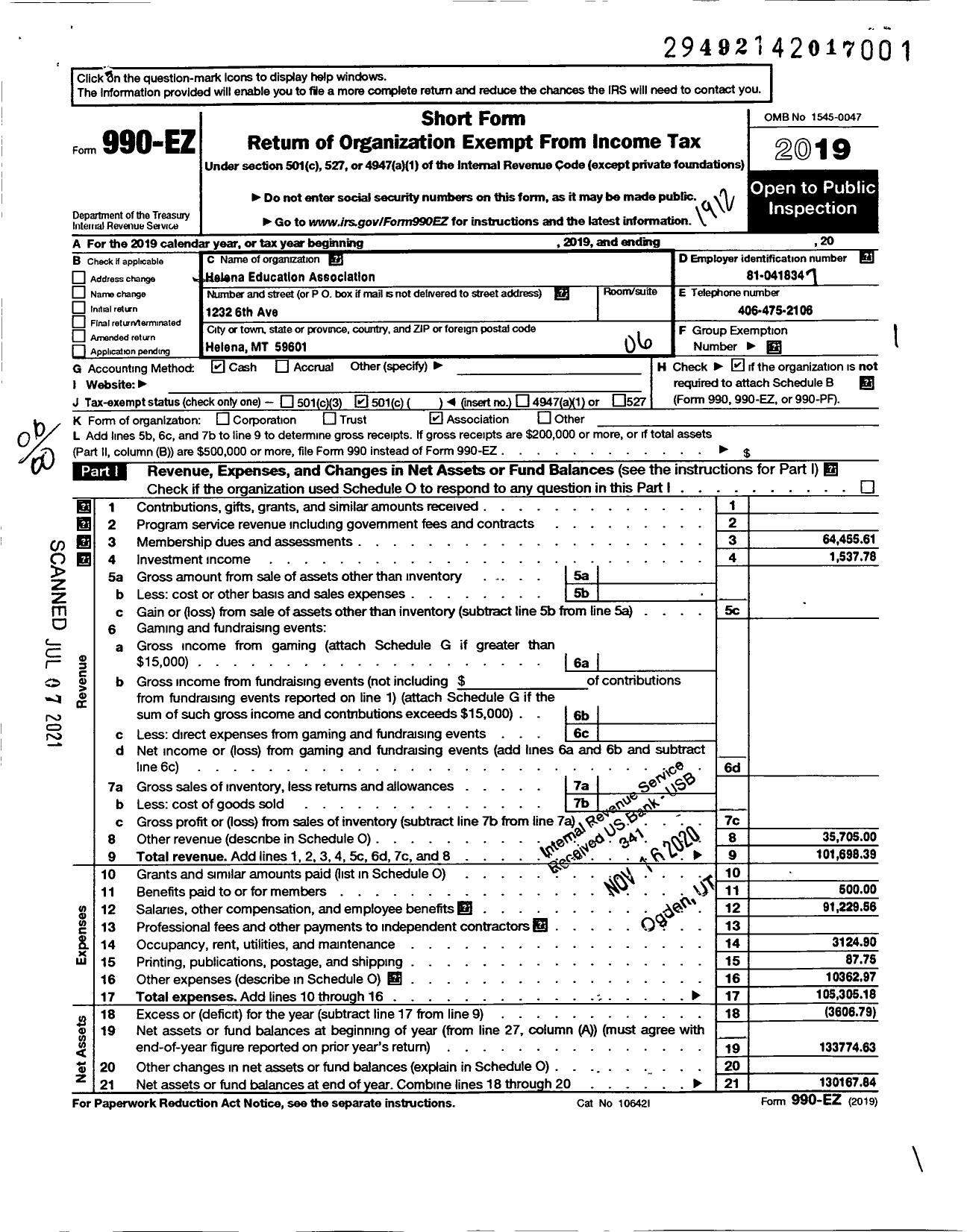 Image of first page of 2019 Form 990EO for Montana Federation of Public Employees / Helena Education Association