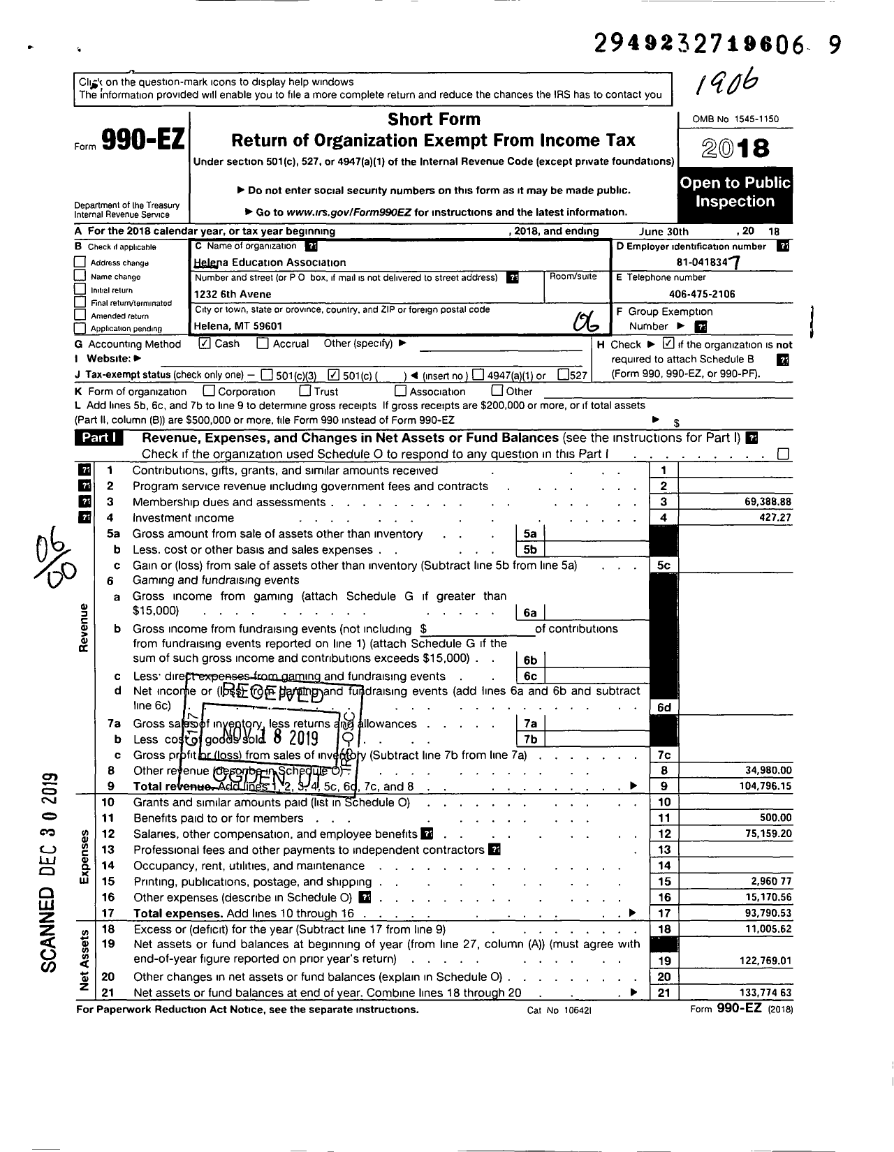 Image of first page of 2018 Form 990EO for Montana Federation of Public Employees / Helena Education Association