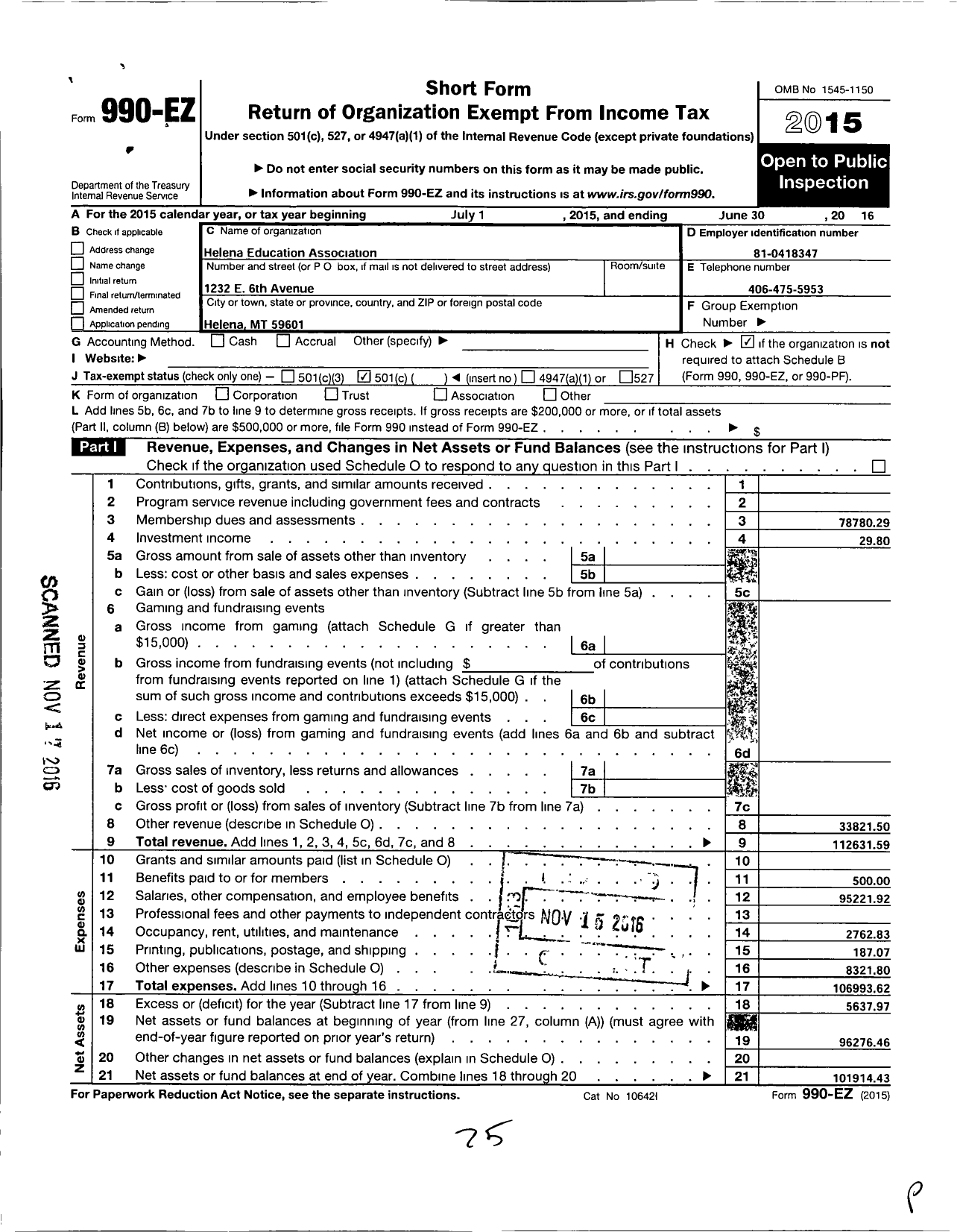 Image of first page of 2015 Form 990EO for Montana Federation of Public Employees / Helena Education Association