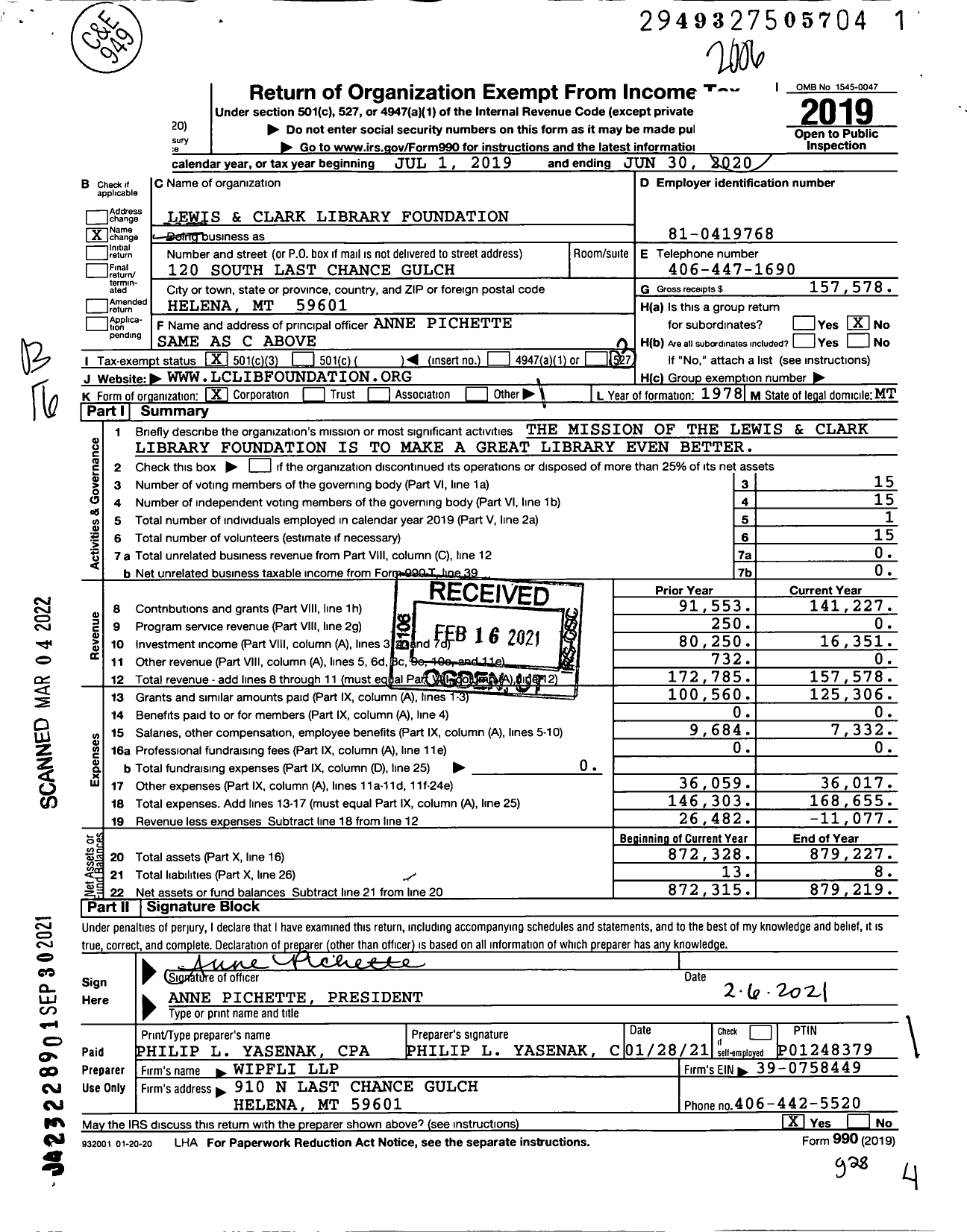 Image of first page of 2019 Form 990 for Lewis and Clark Library Foundation