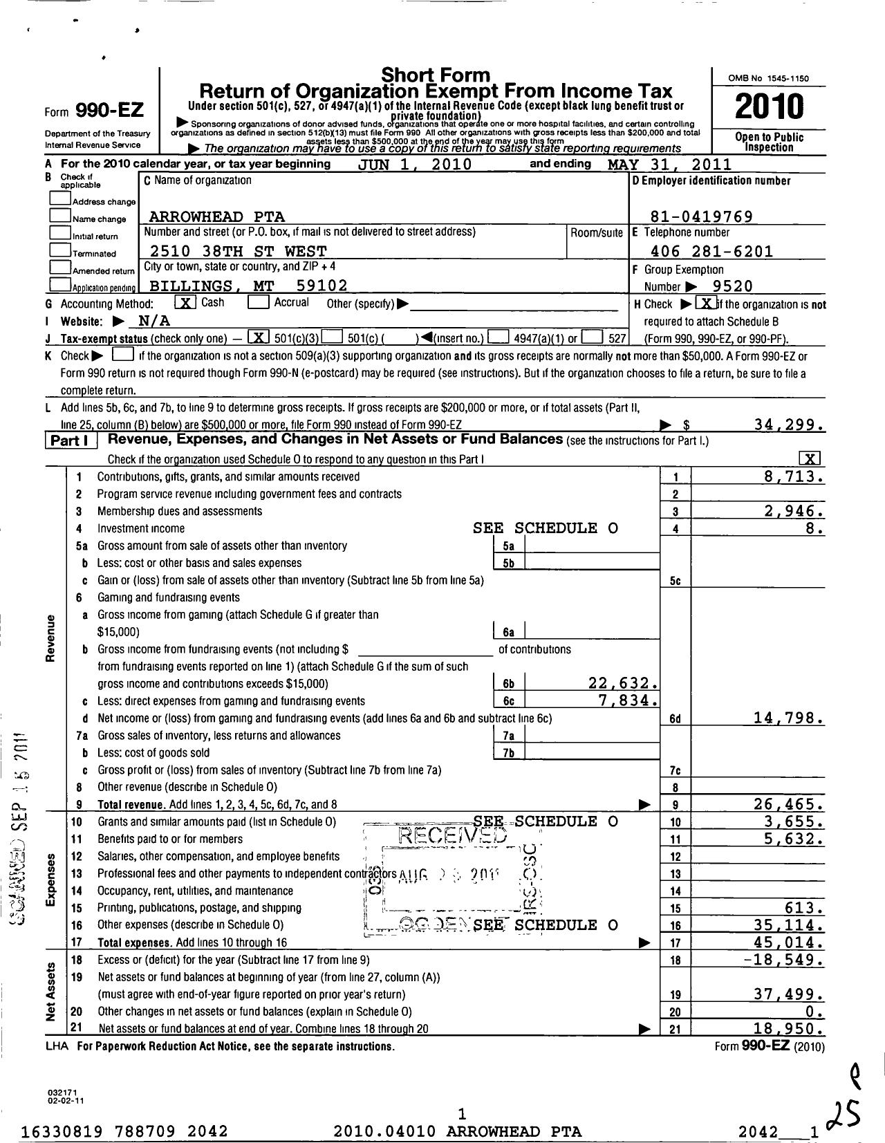 Image of first page of 2010 Form 990EZ for Montana Congress of Parents Teachers Students / Arrowhead PTA