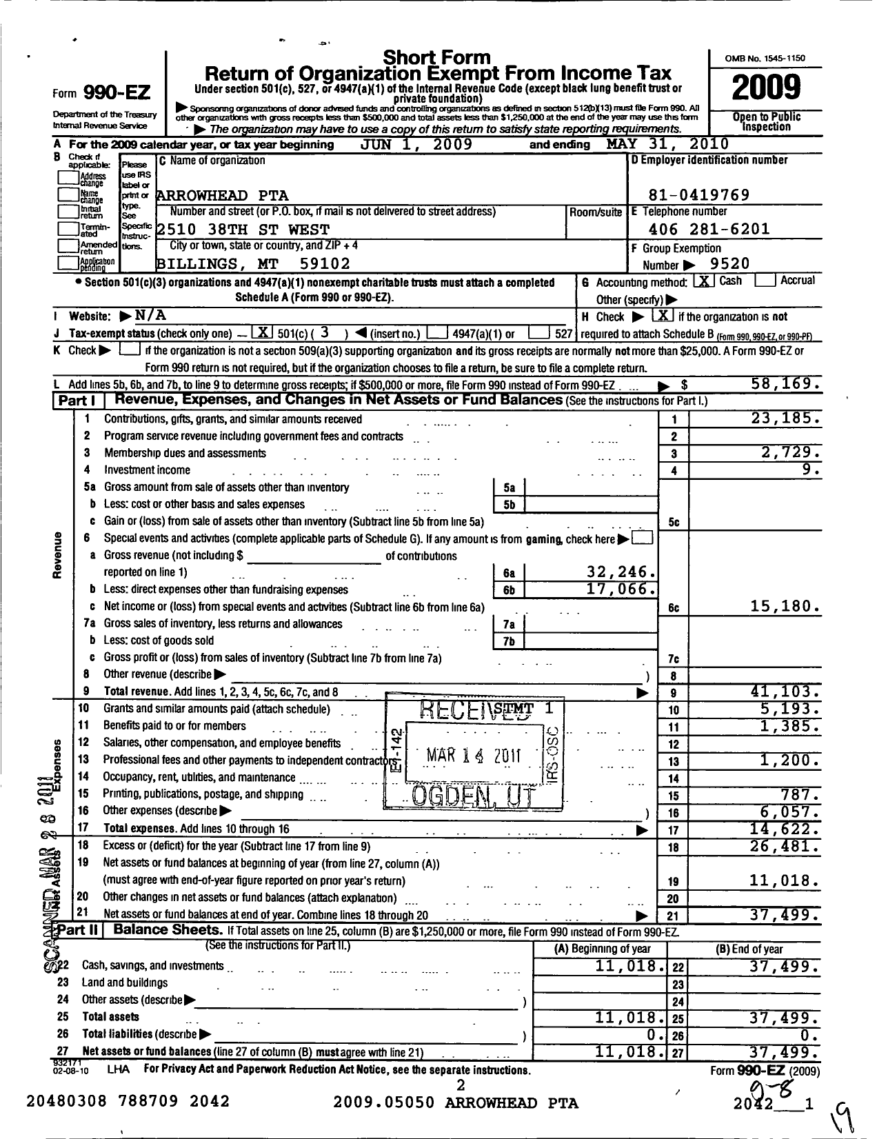 Image of first page of 2009 Form 990EZ for Montana Congress of Parents Teachers Students / Arrowhead PTA