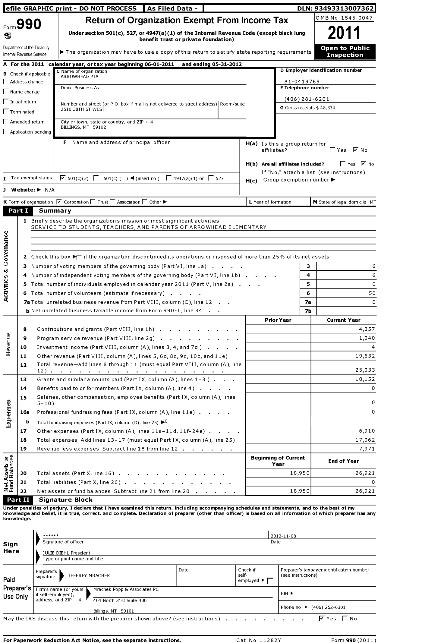 Image of first page of 2011 Form 990 for Montana Congress of Parents Teachers Students / Arrowhead PTA