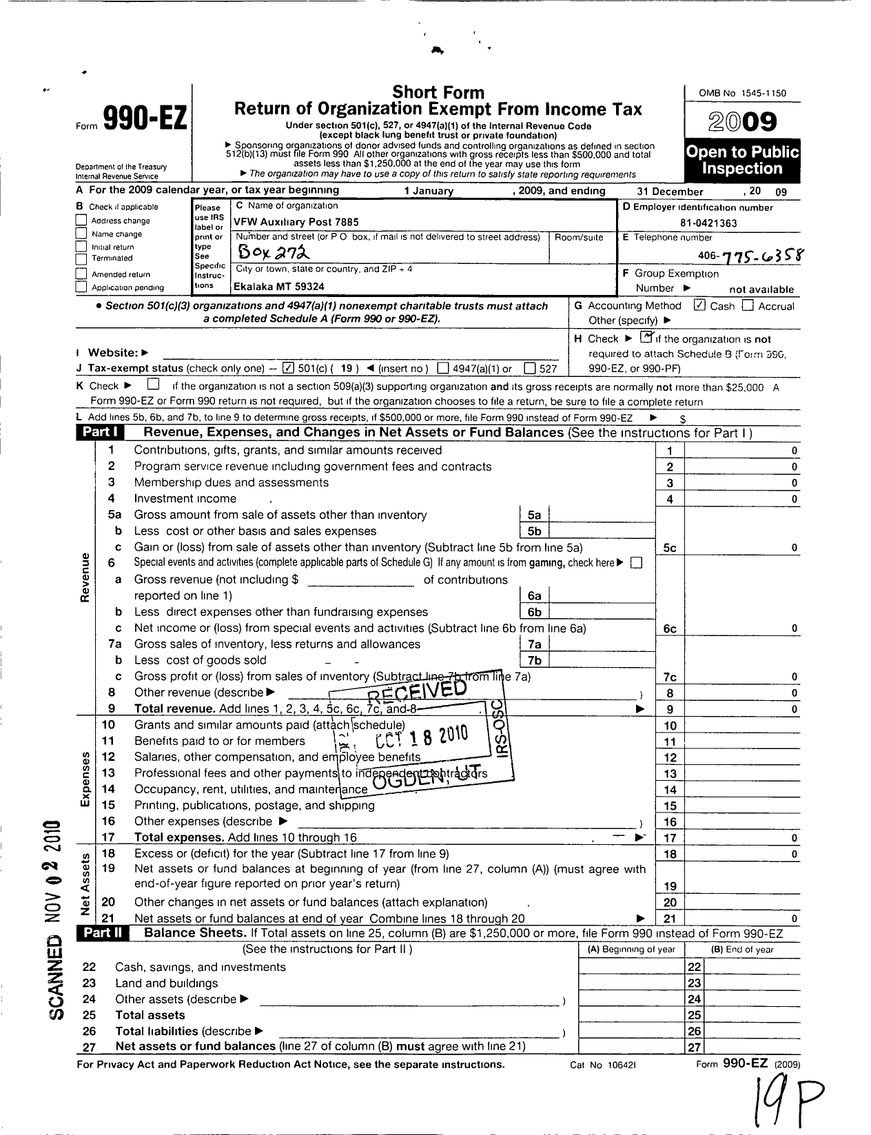 Image of first page of 2009 Form 990EO for Veterans of Foreign Wars of the United States Aixiliary Department - 7885 Ekalaka Auxiliary