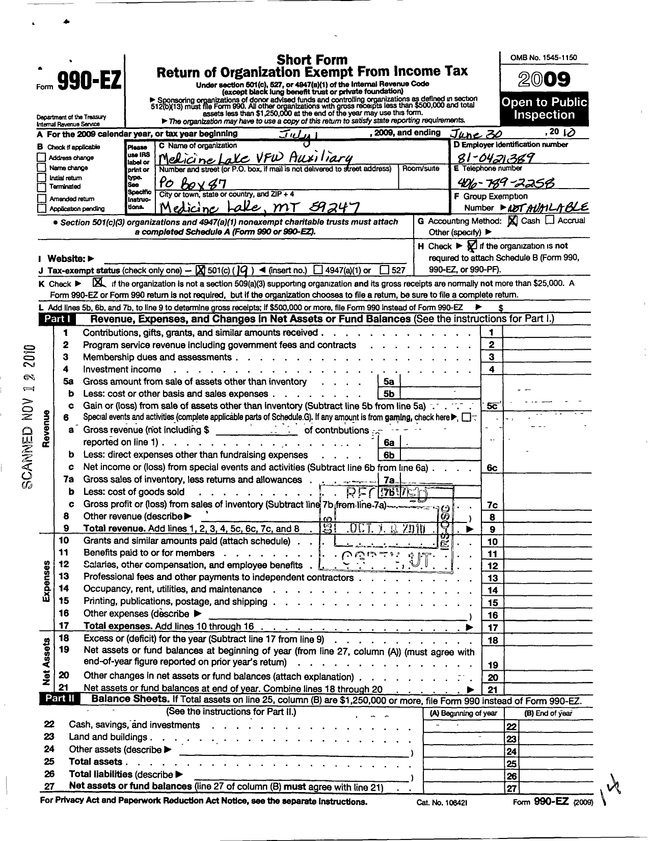 Image of first page of 2009 Form 990EO for Department of Montana Ladies Auxiliary To the VFW of the U S - 8869 VFW Auxiliary To Medicine Lake