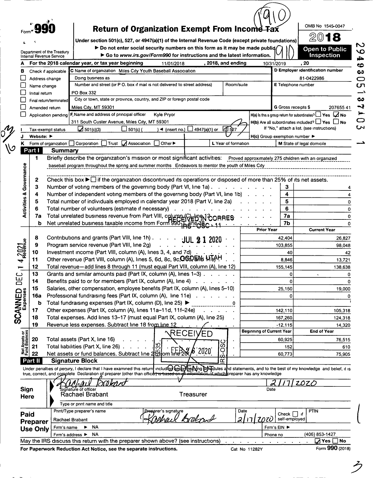 Image of first page of 2018 Form 990 for Miles City Youth Baseball Association