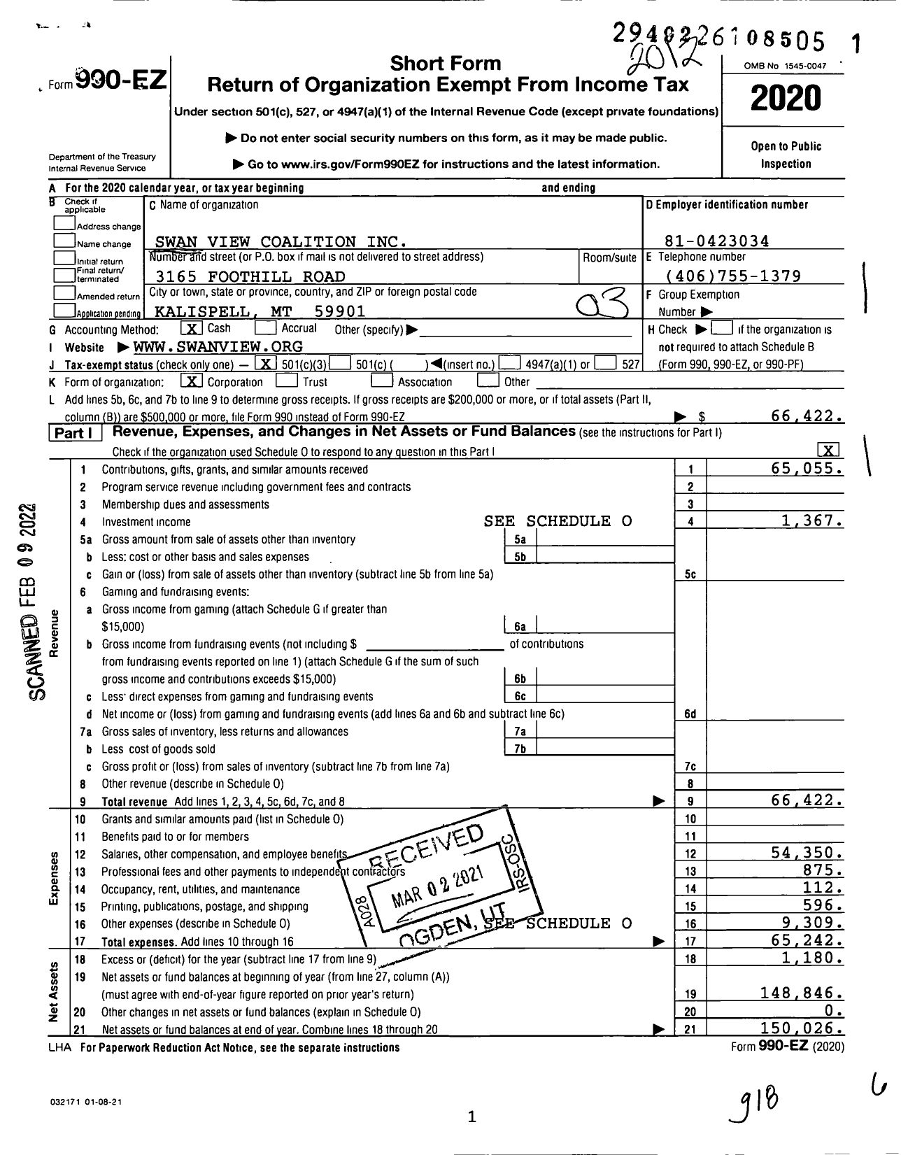 Image of first page of 2020 Form 990EZ for Swan View Coalition