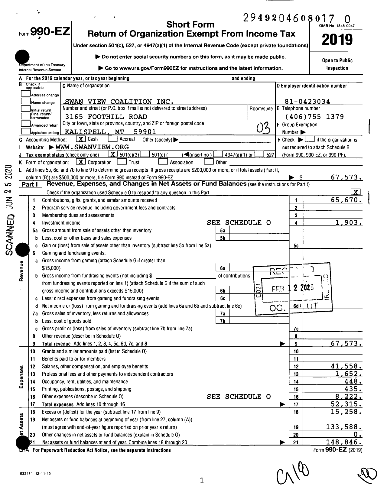 Image of first page of 2019 Form 990EZ for Swan View Coalition