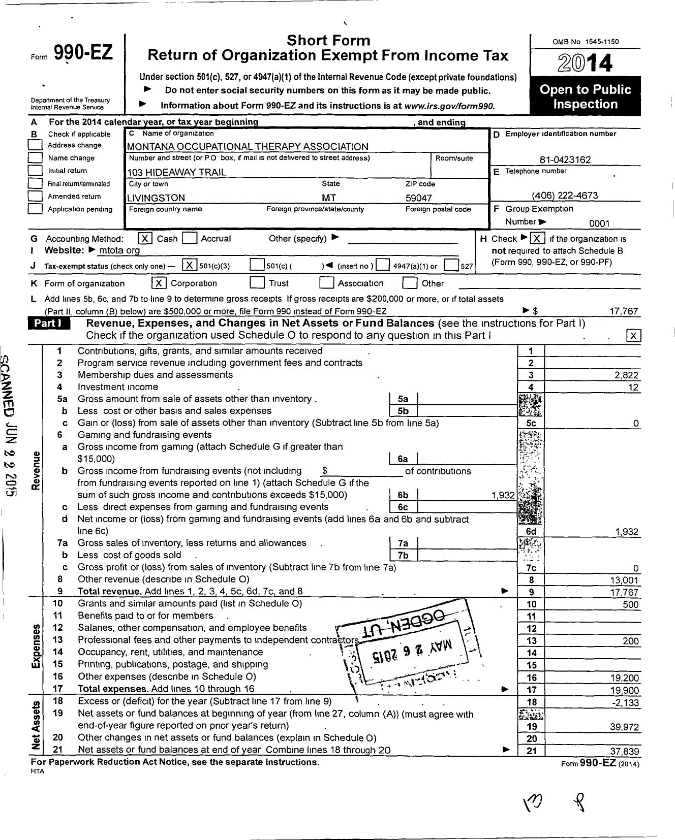 Image of first page of 2014 Form 990EZ for Montana Occupational Therapy Association