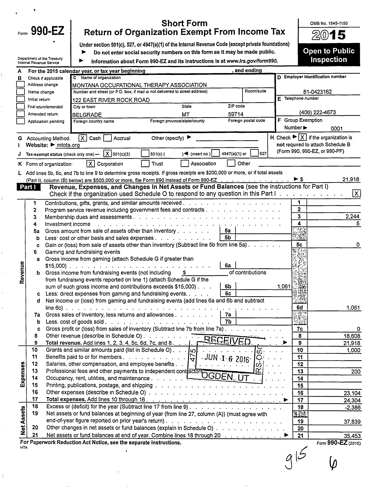 Image of first page of 2015 Form 990EZ for Montana Occupational Therapy Association