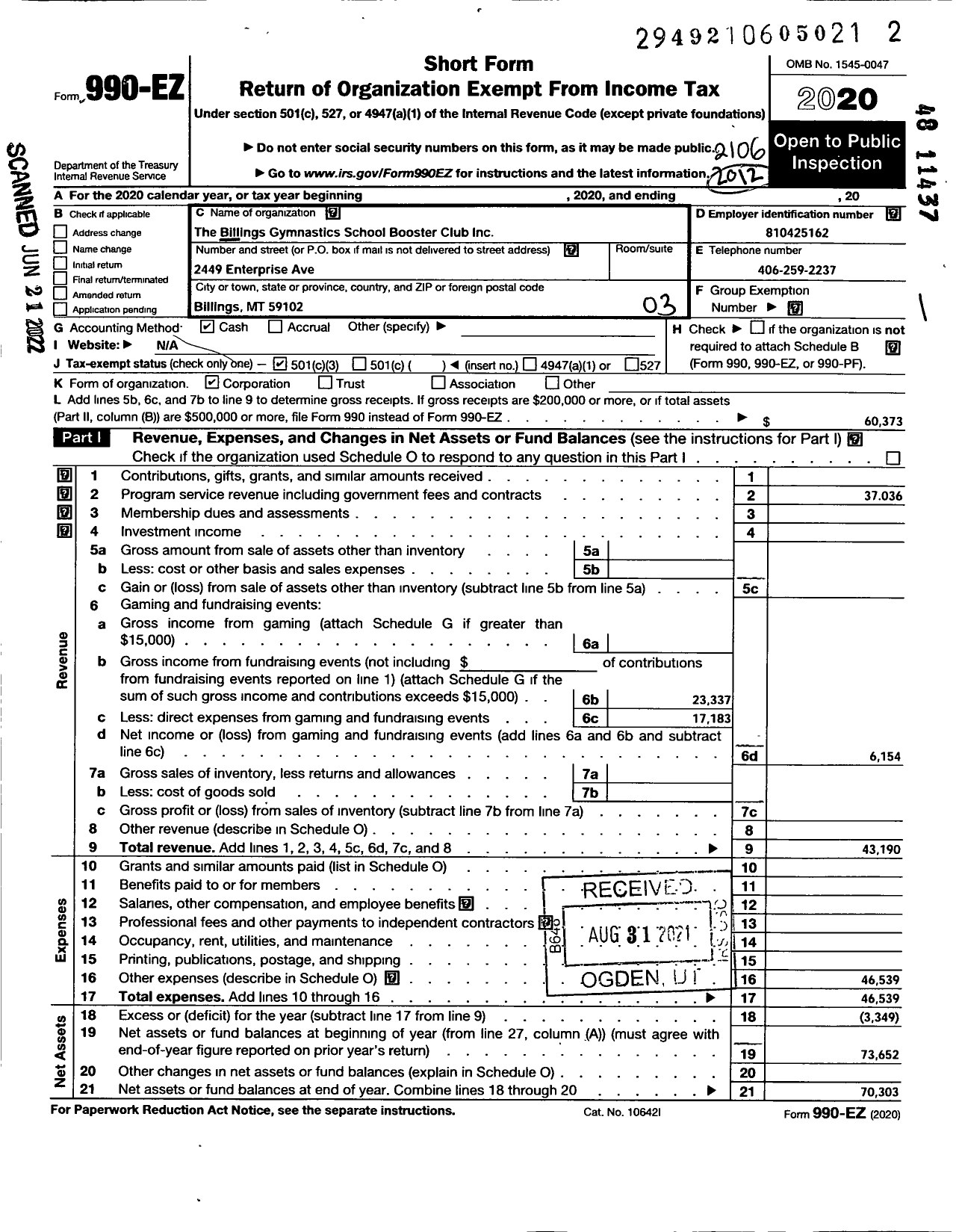 Image of first page of 2020 Form 990EZ for The Billings Gymnastic School Booster Club